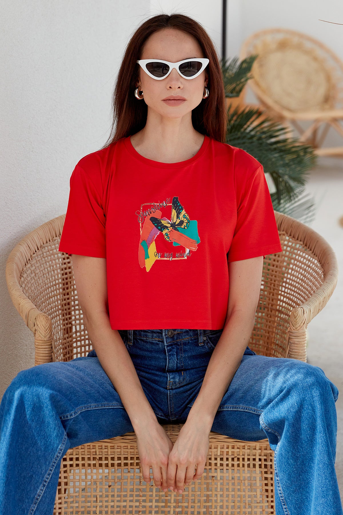 Oversize Baskılı Crop Tişört - Mercan (2) Sementa