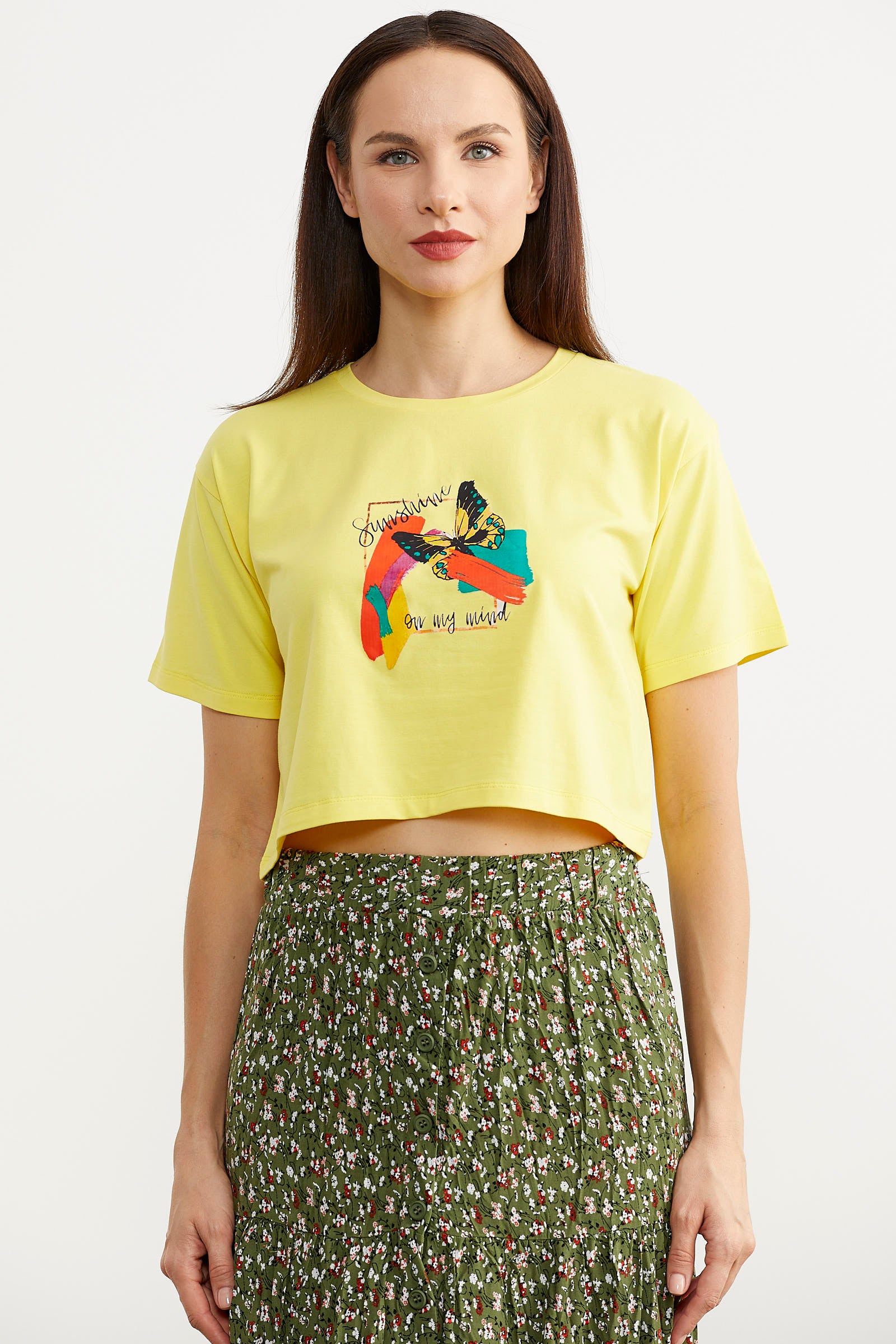 Oversize Baskılı Crop Tişört - Sarı (1) Sementa