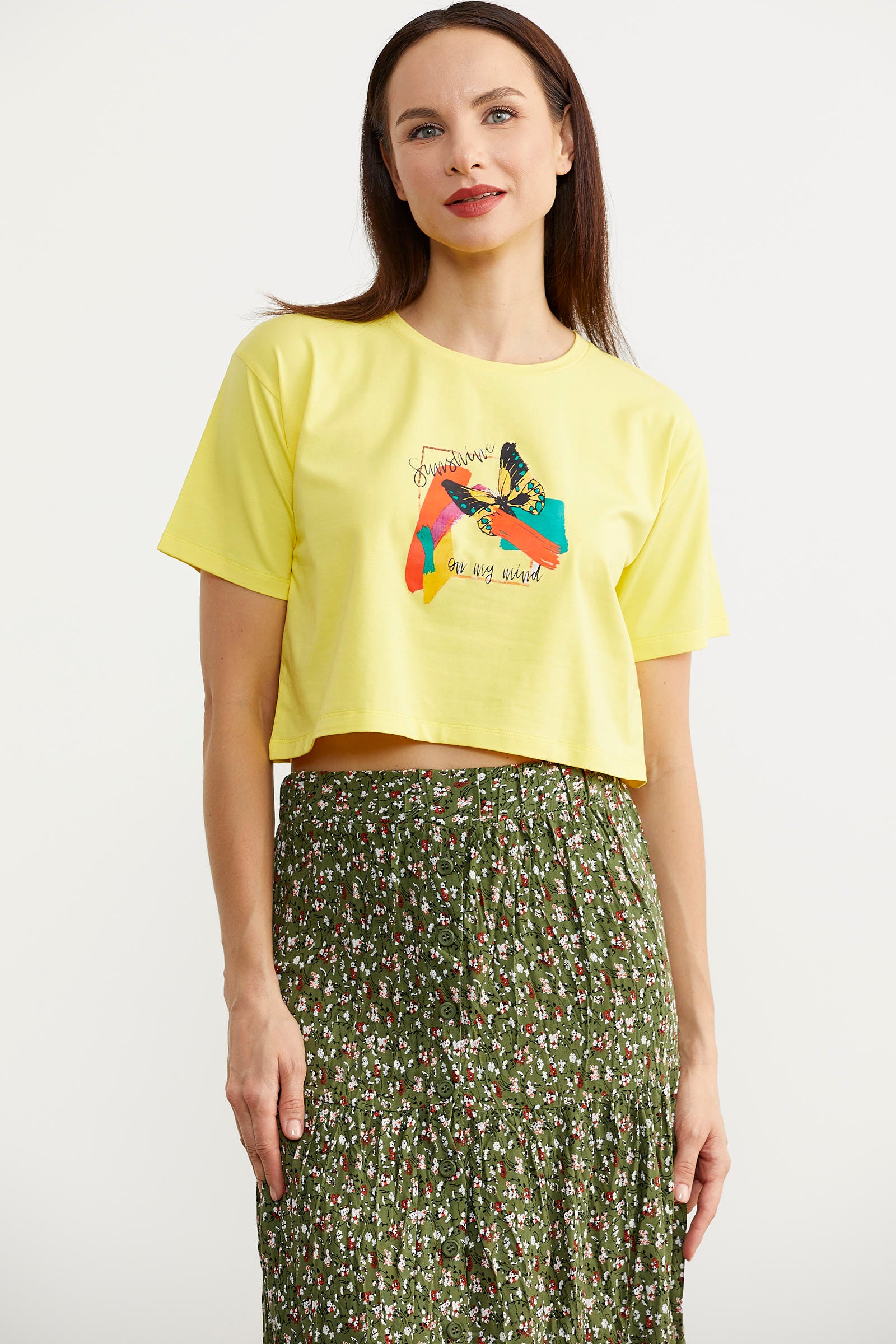 Oversize Baskılı Crop Tişört - Sarı (2) Sementa