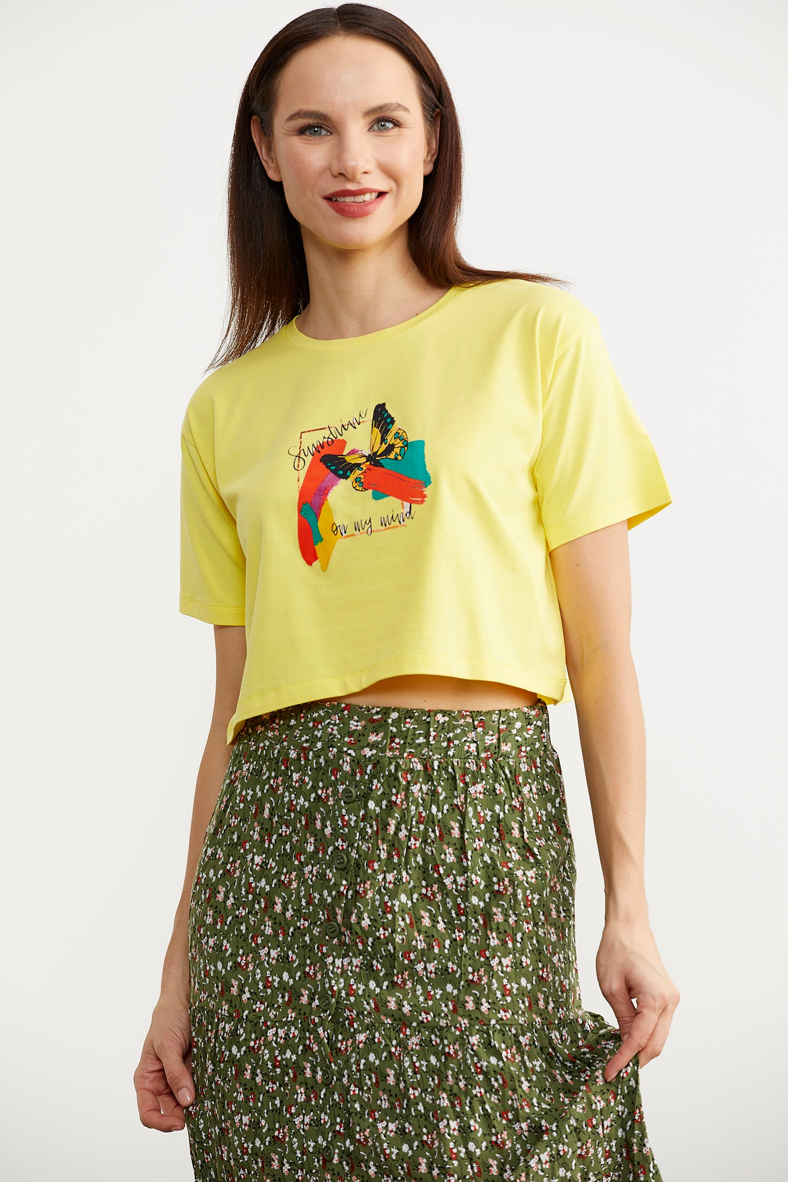 Oversize Baskılı Crop Tişört - Sarı (3) Sementa