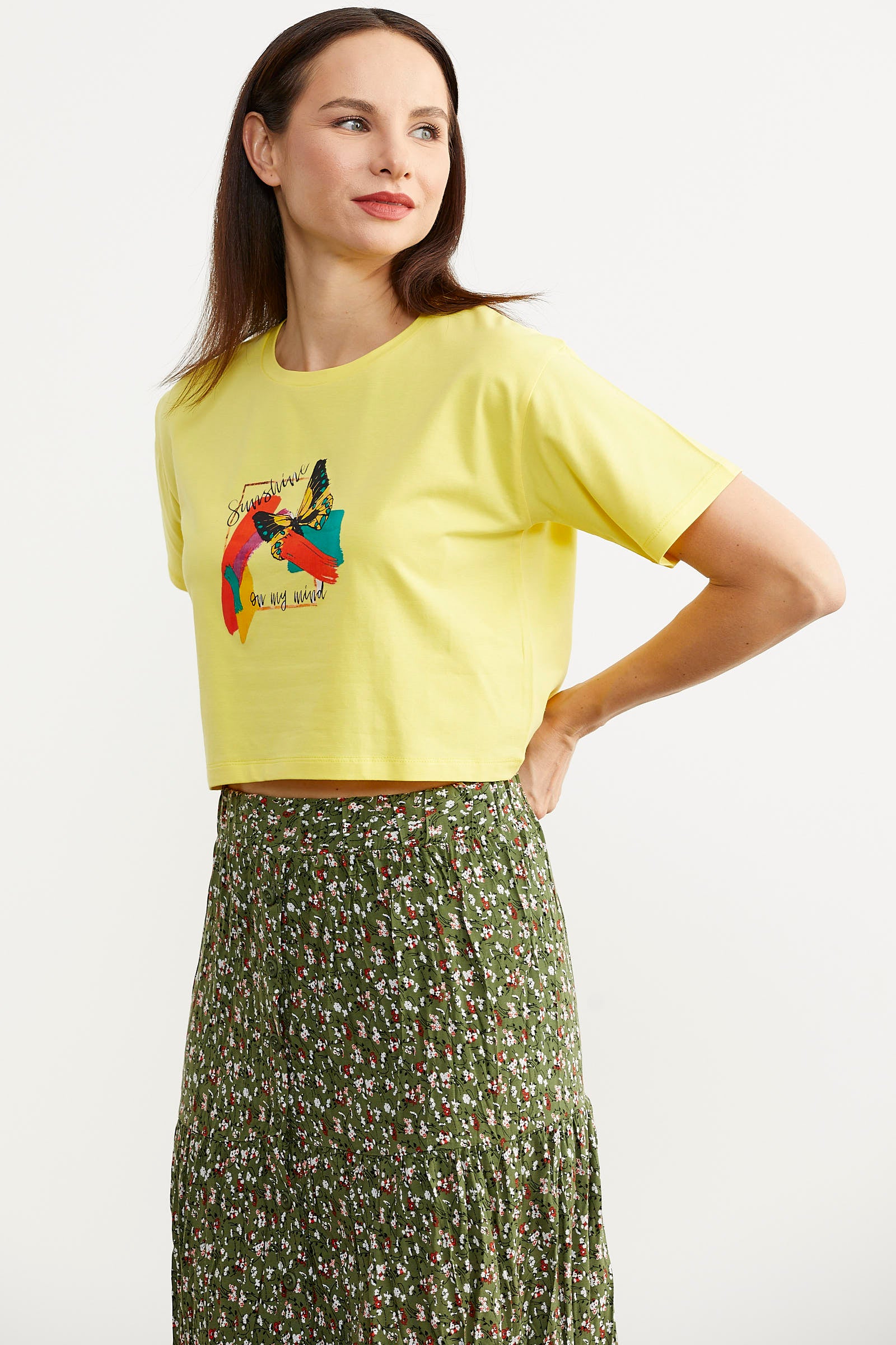 Oversize Baskılı Crop Tişört - Sarı (4) Sementa