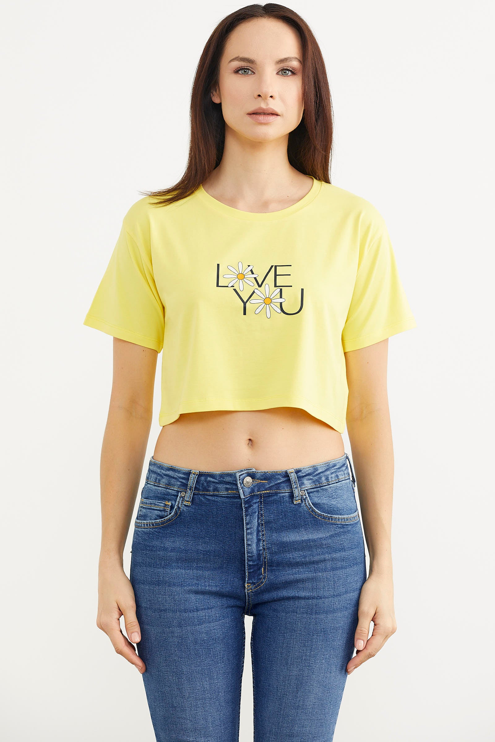 Oversize Baskılı Crop Tişört - Sarı (1) Sementa