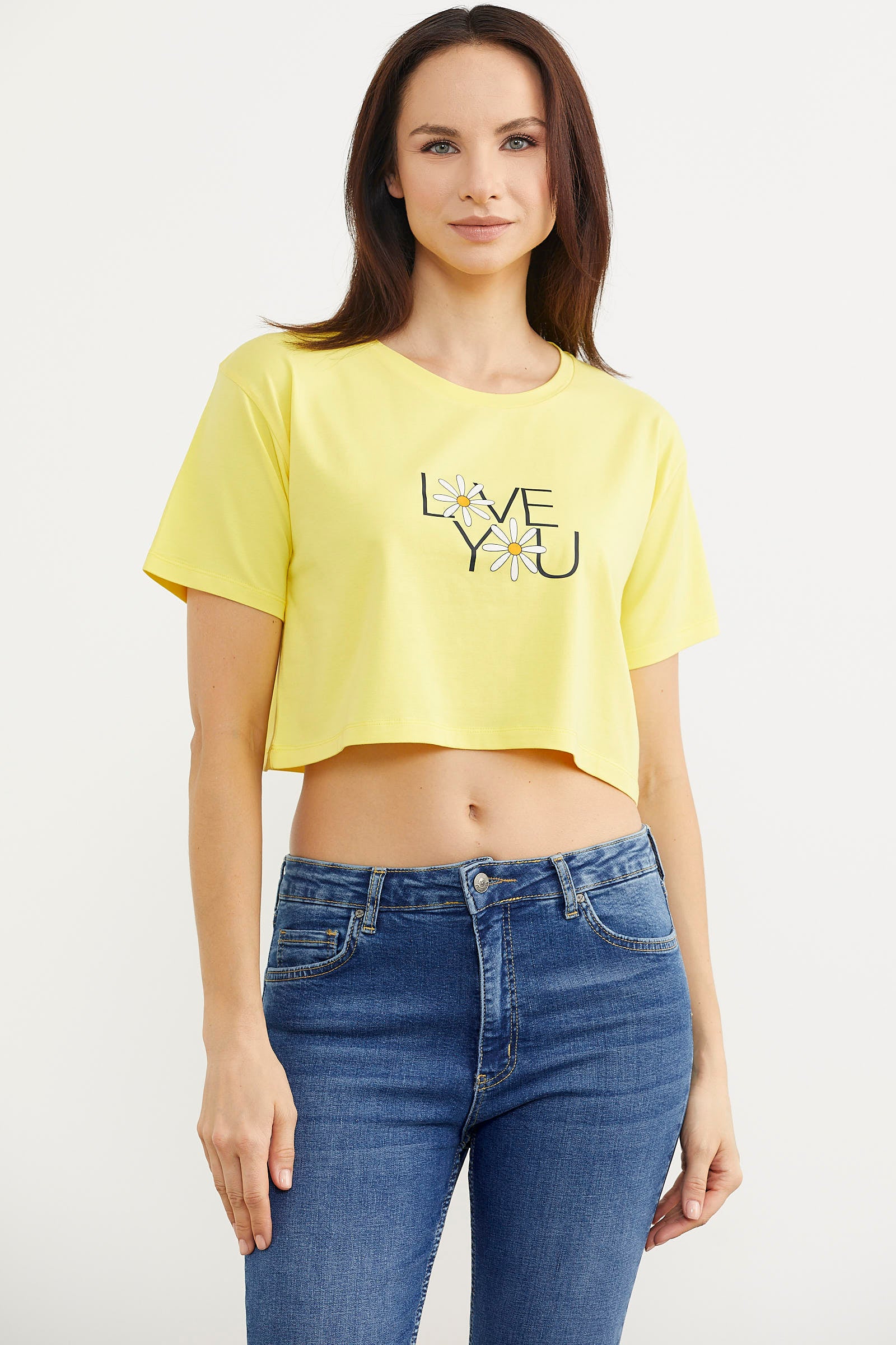 Oversize Baskılı Crop Tişört - Sarı (2) Sementa