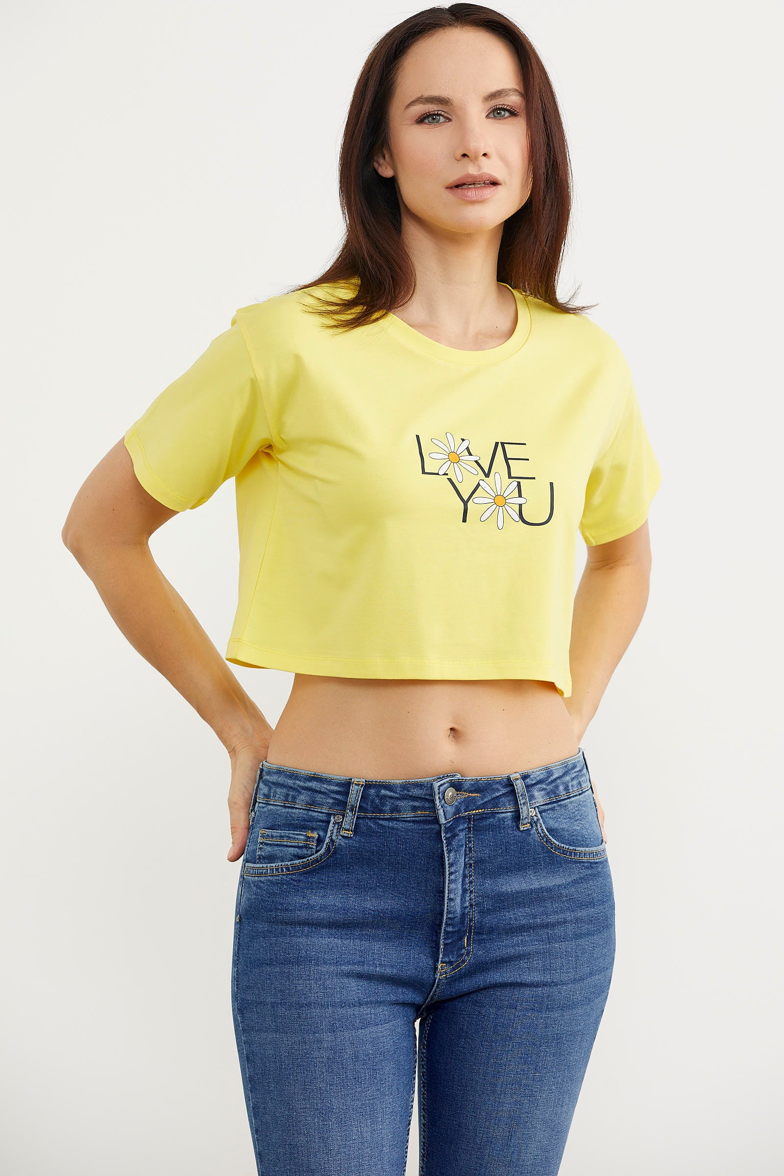 Oversize Baskılı Crop Tişört - Sarı (3) Sementa