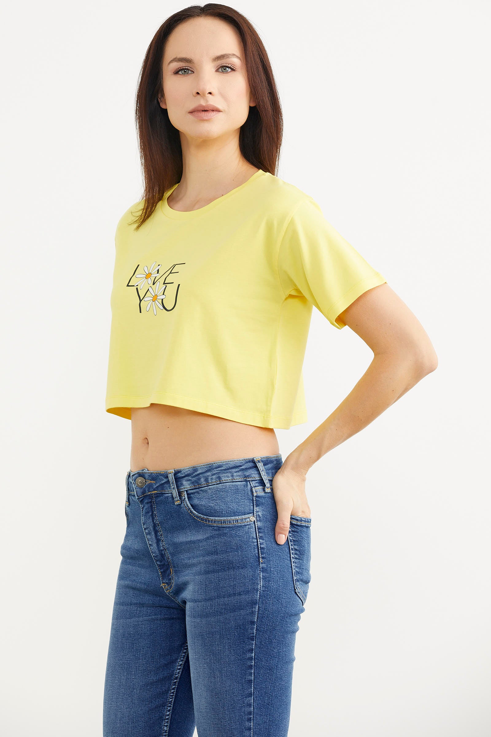 Oversize Baskılı Crop Tişört - Sarı (4) Sementa