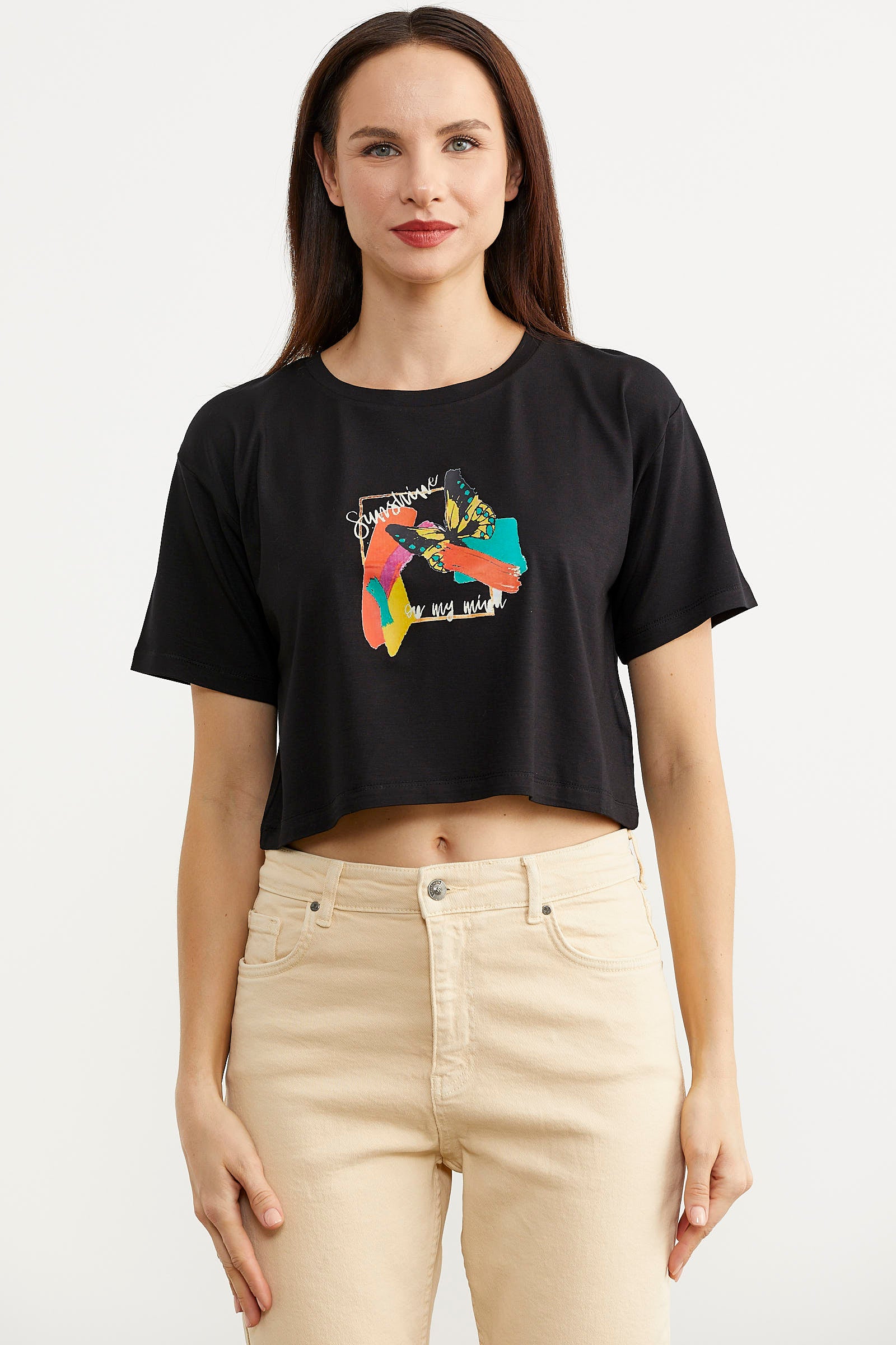 Oversize Baskılı Crop Tişört - Siyah (1) Sementa