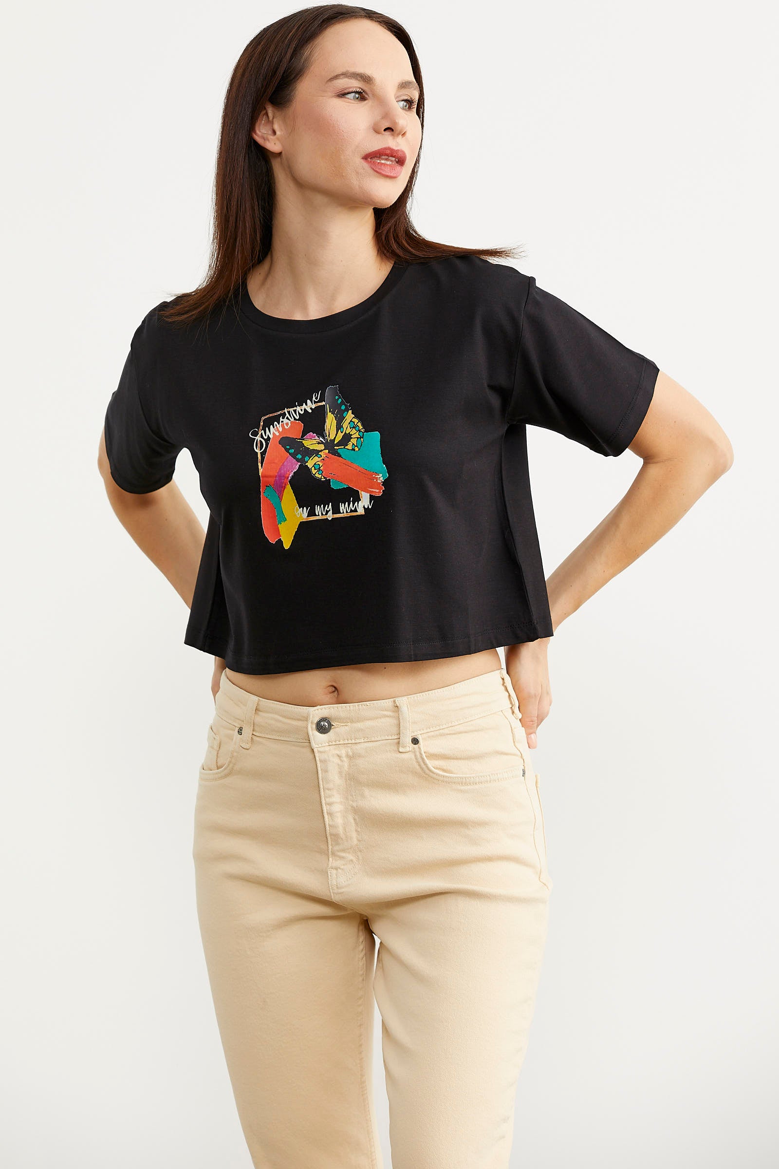 Oversize Baskılı Crop Tişört - Siyah (2) Sementa