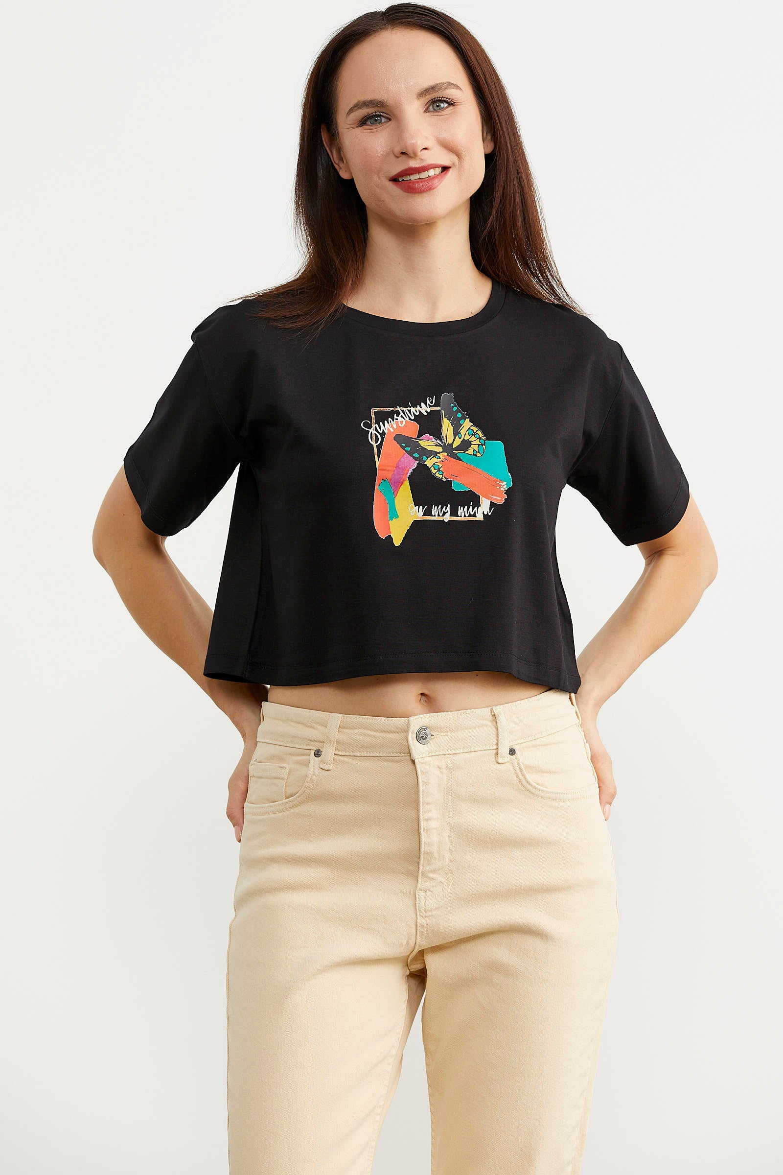 Oversize Baskılı Crop Tişört - Siyah (3) Sementa