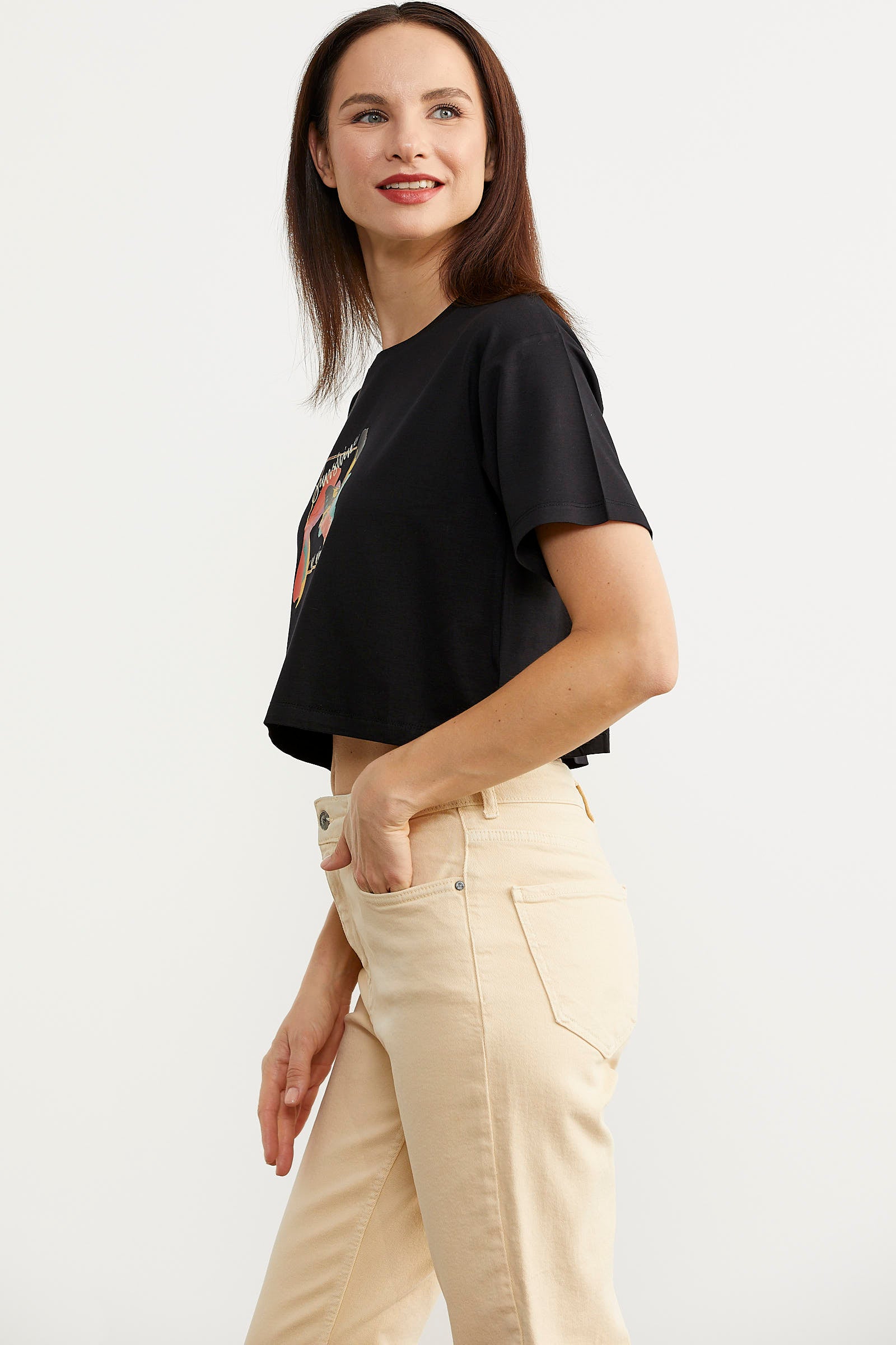 Oversize Baskılı Crop Tişört - Siyah (4) Sementa