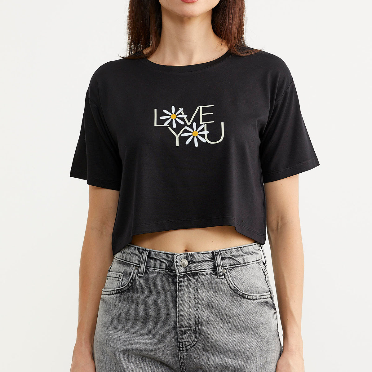 Black Printed Cropped T-shirt