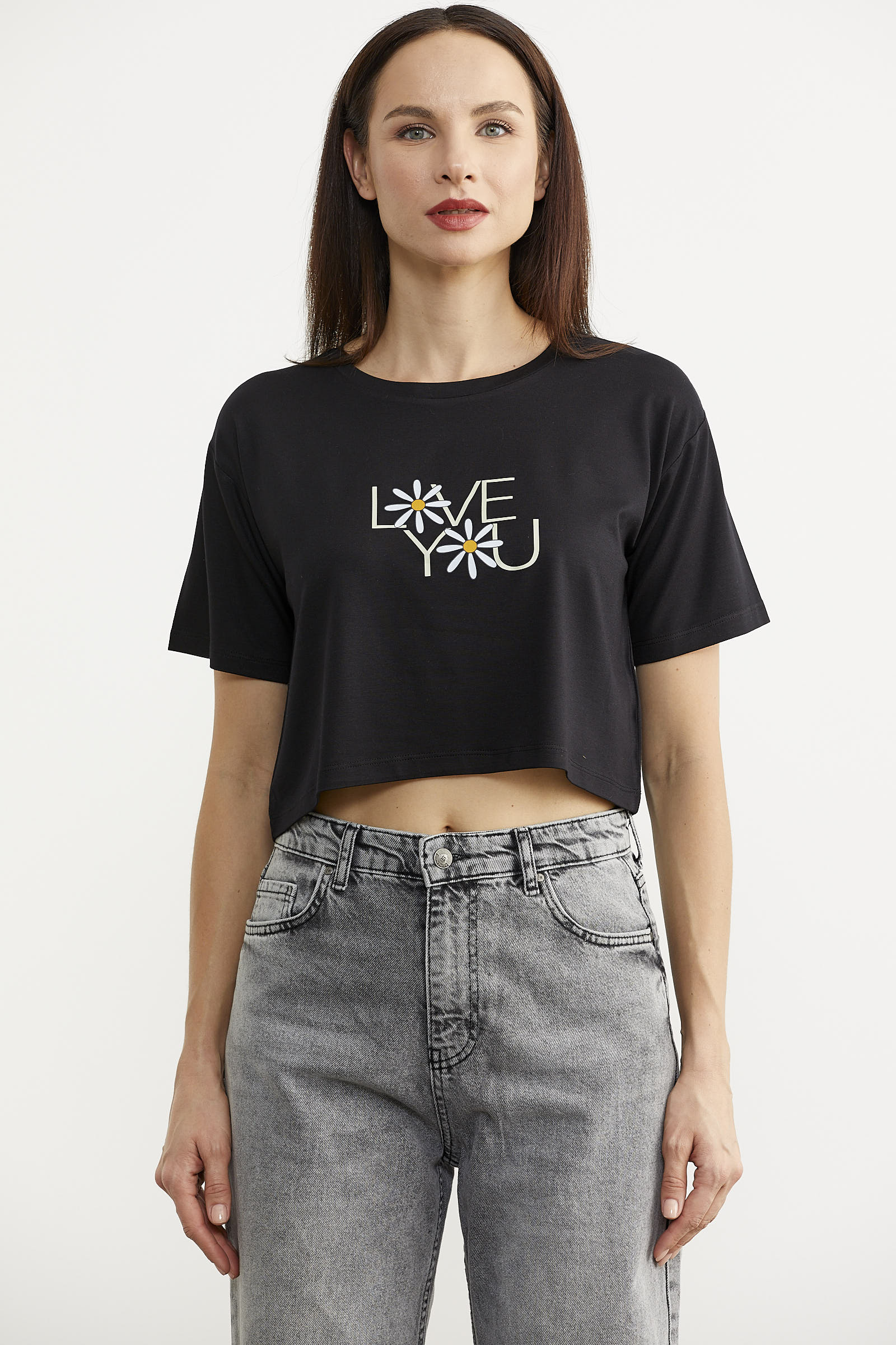 Oversize Baskılı Crop Tişört - Siyah (1) Sementa