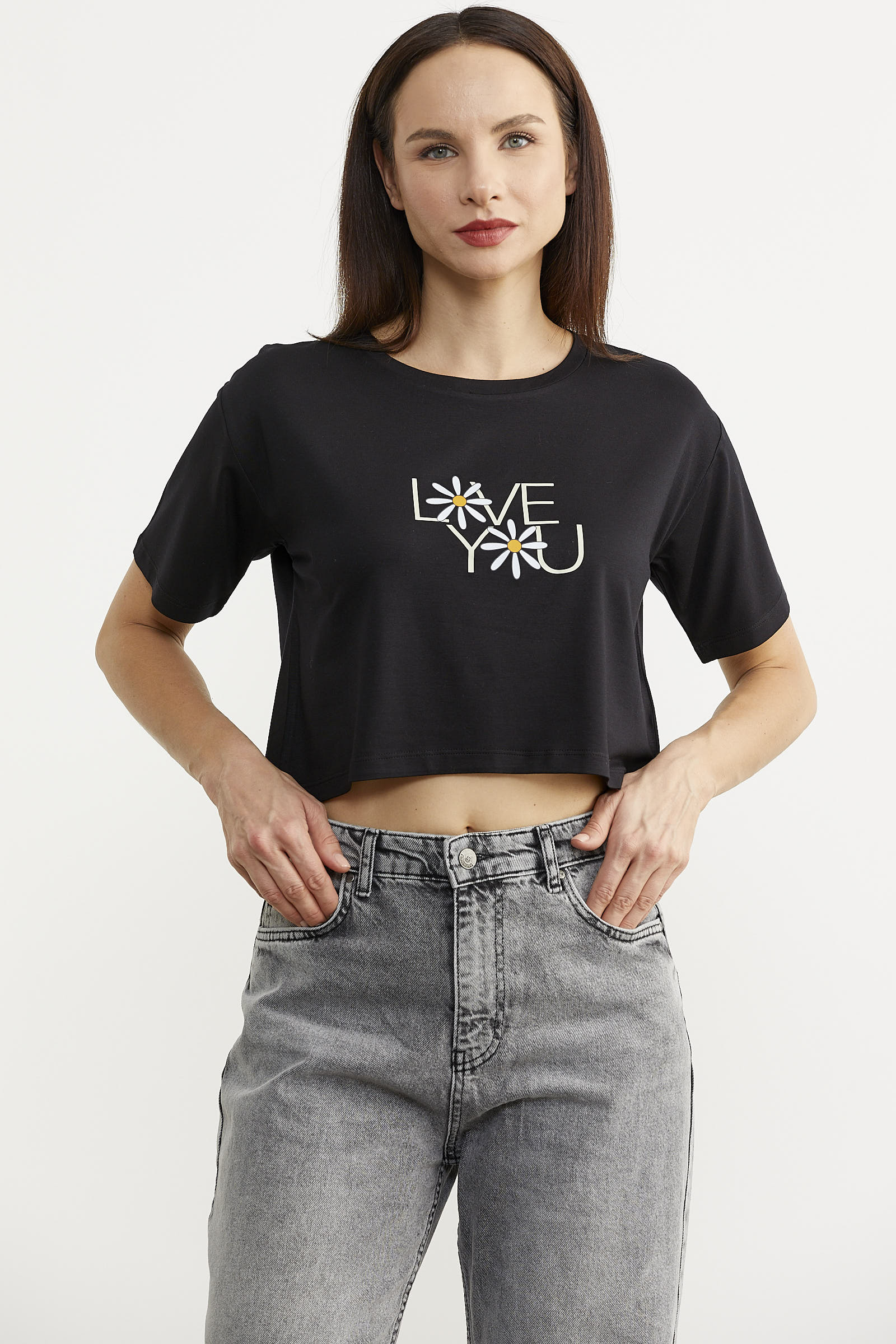 Oversize Baskılı Crop Tişört - Siyah (2) Sementa