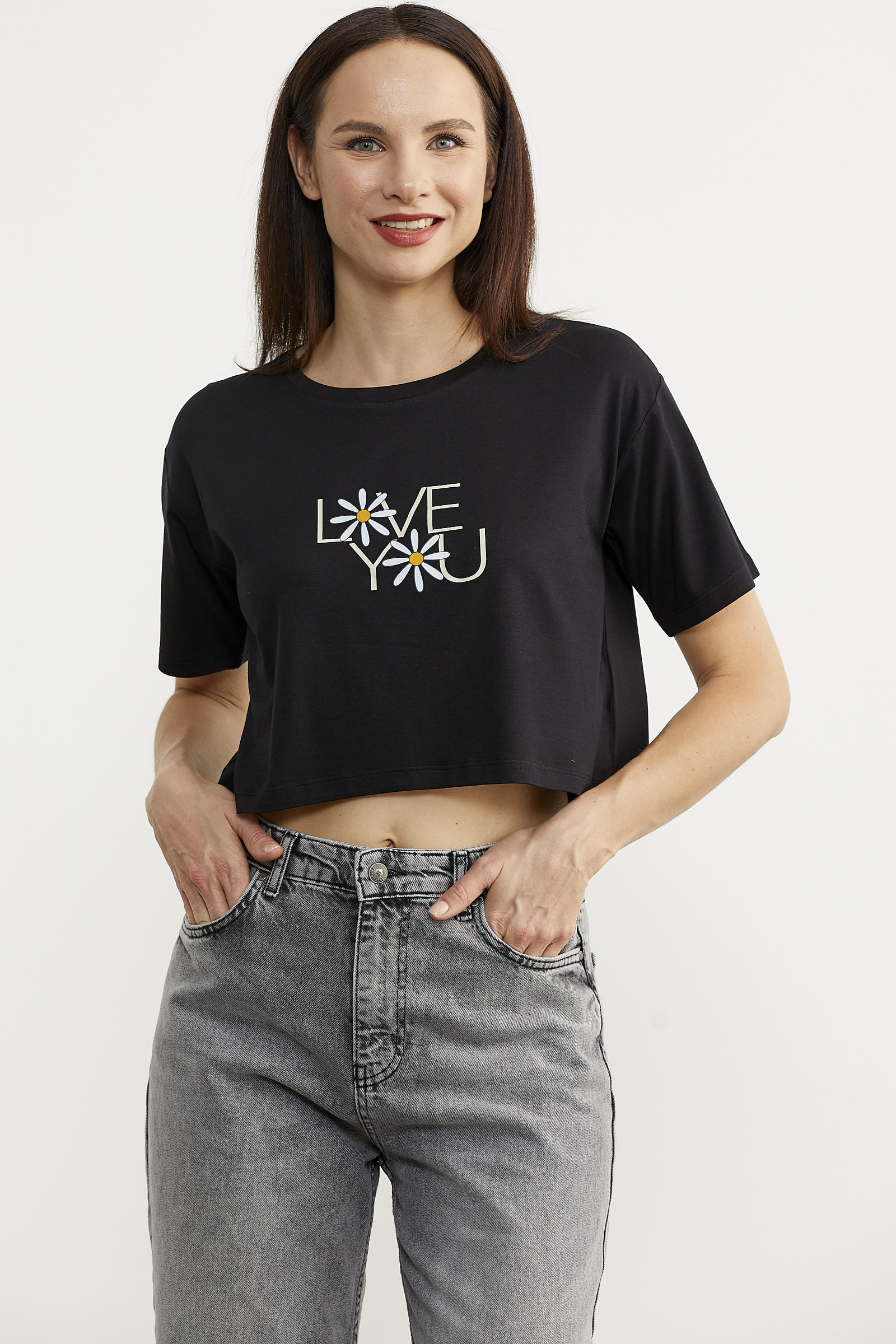 Oversize Baskılı Crop Tişört - Siyah (3) Sementa