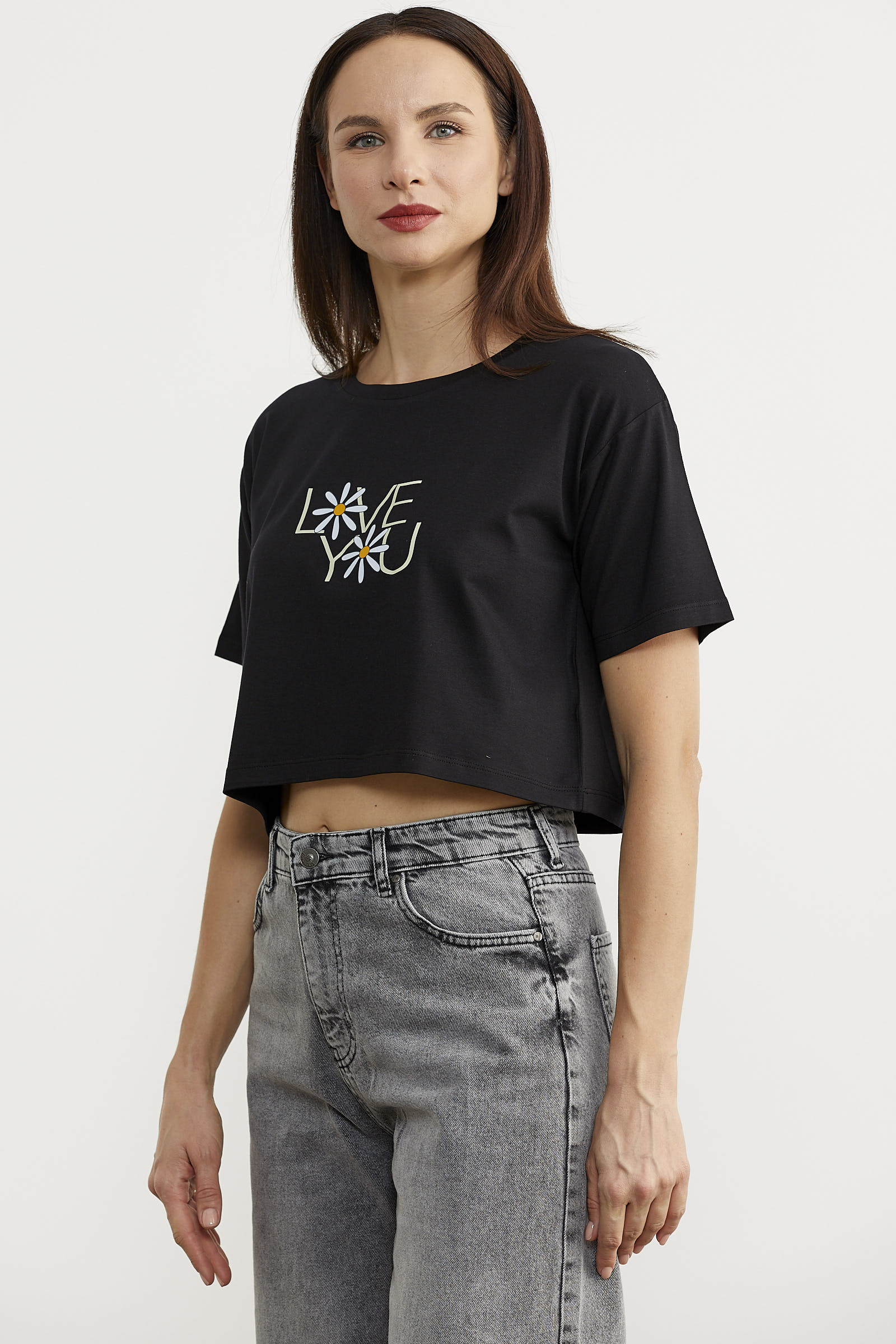 Oversize Baskılı Crop Tişört - Siyah (4) Sementa