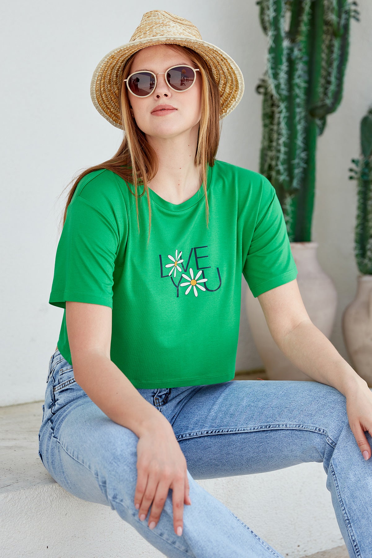 Oversize Baskılı Crop Tişört - Yeşil (1) Sementa