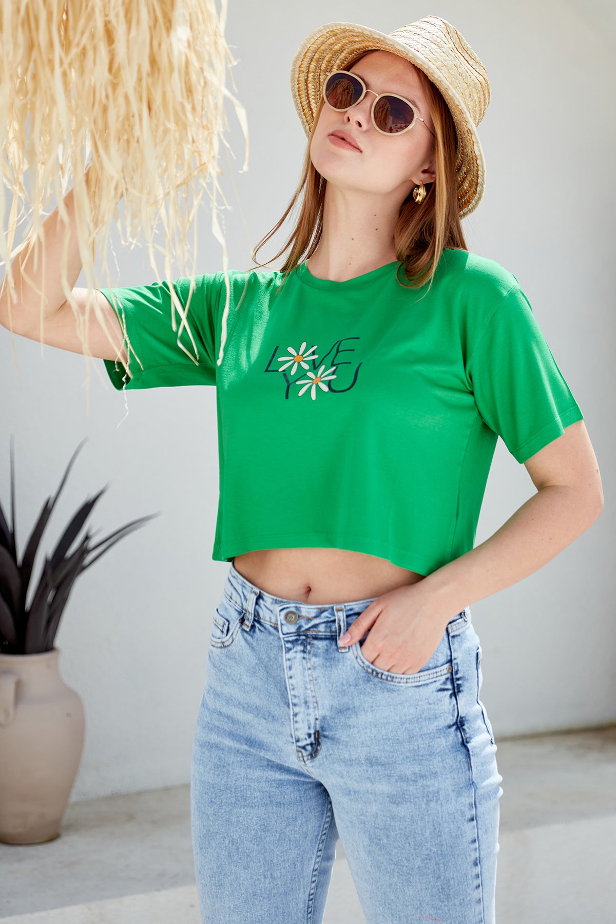 Oversize Baskılı Crop Tişört - Yeşil (3) Sementa