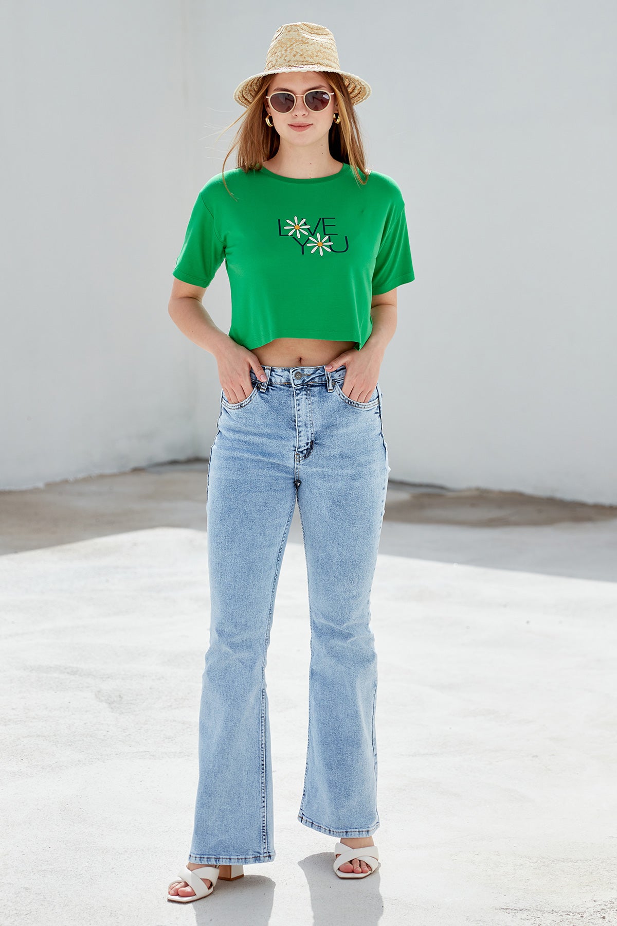 Oversize Baskılı Crop Tişört - Yeşil (4) Sementa