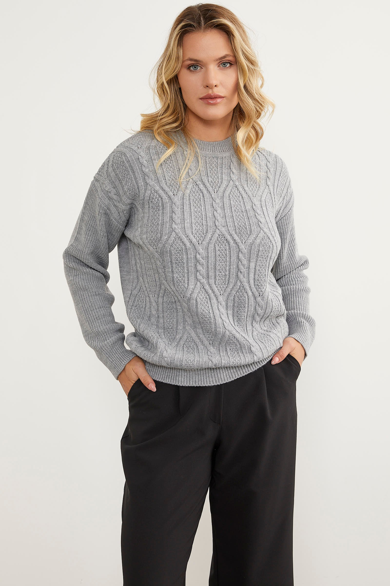 Oversize Kabartma Desenli Triko Kazak - Gri (1) Sementa