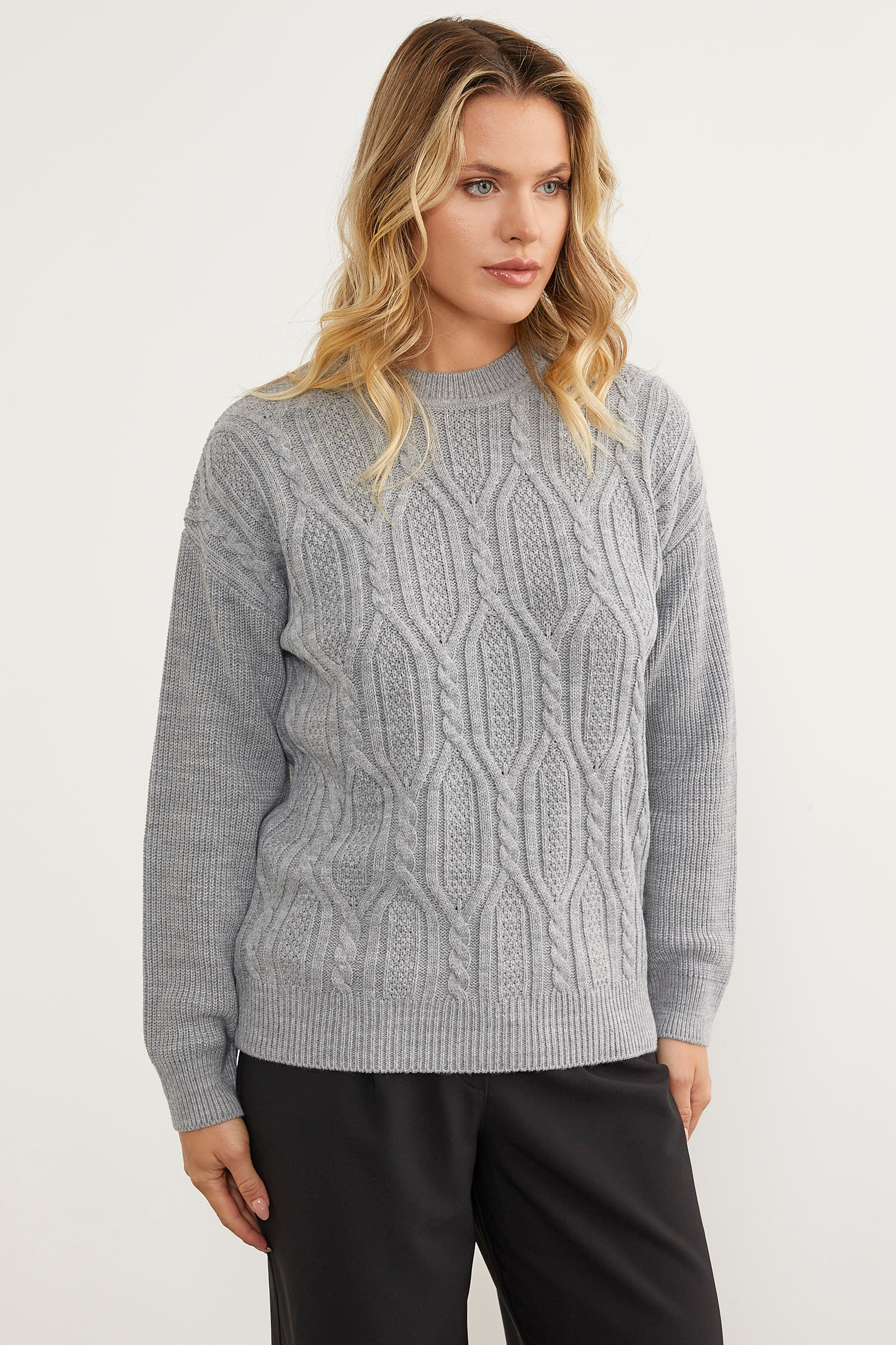 Oversize Kabartma Desenli Triko Kazak - Gri (2) Sementa