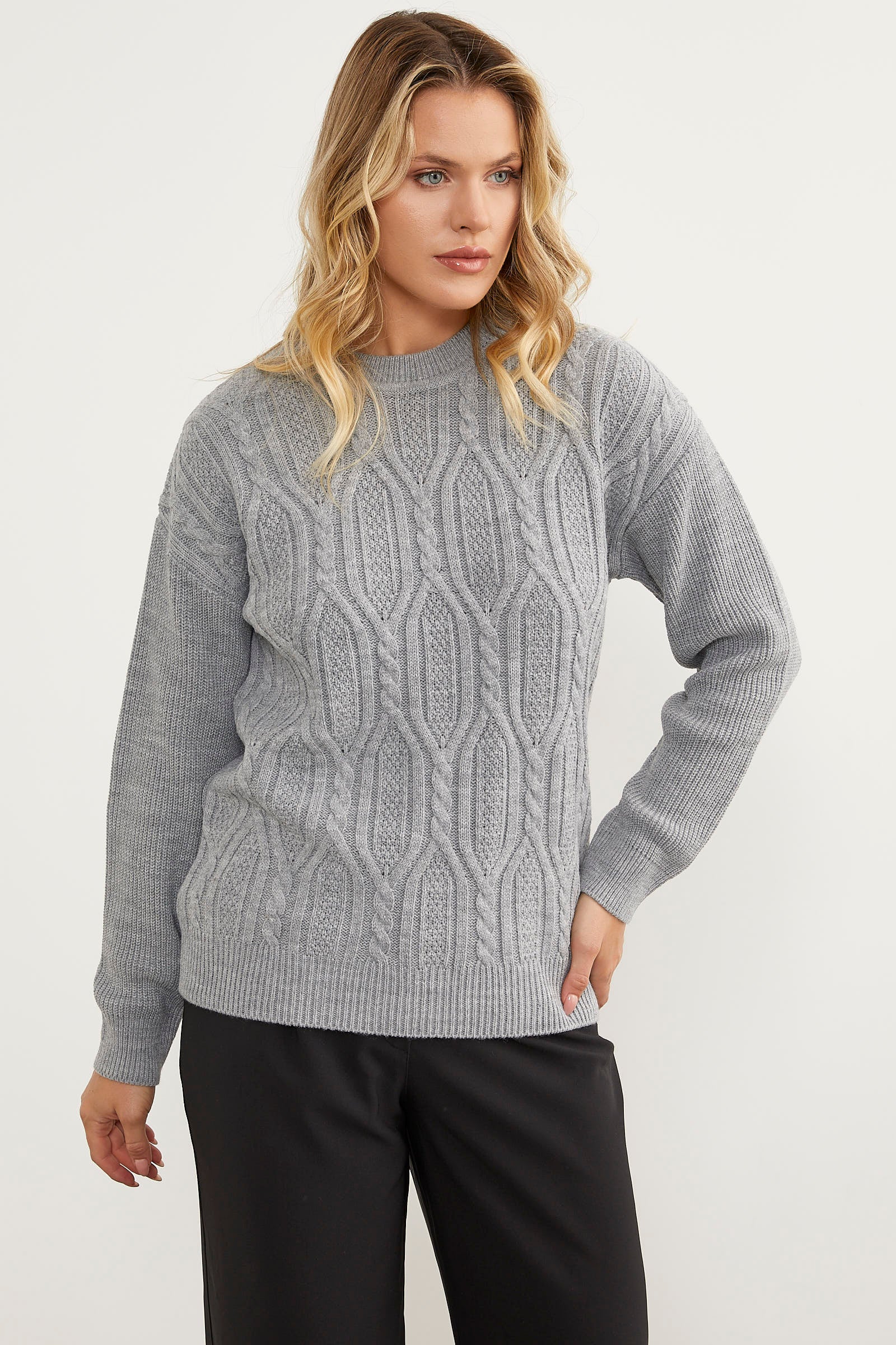 Oversize Kabartma Desenli Triko Kazak - Gri (3) Sementa