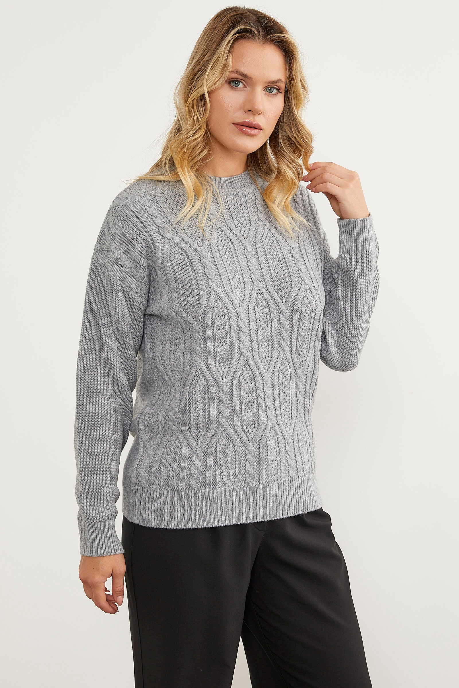 Oversize Kabartma Desenli Triko Kazak - Gri (4) Sementa