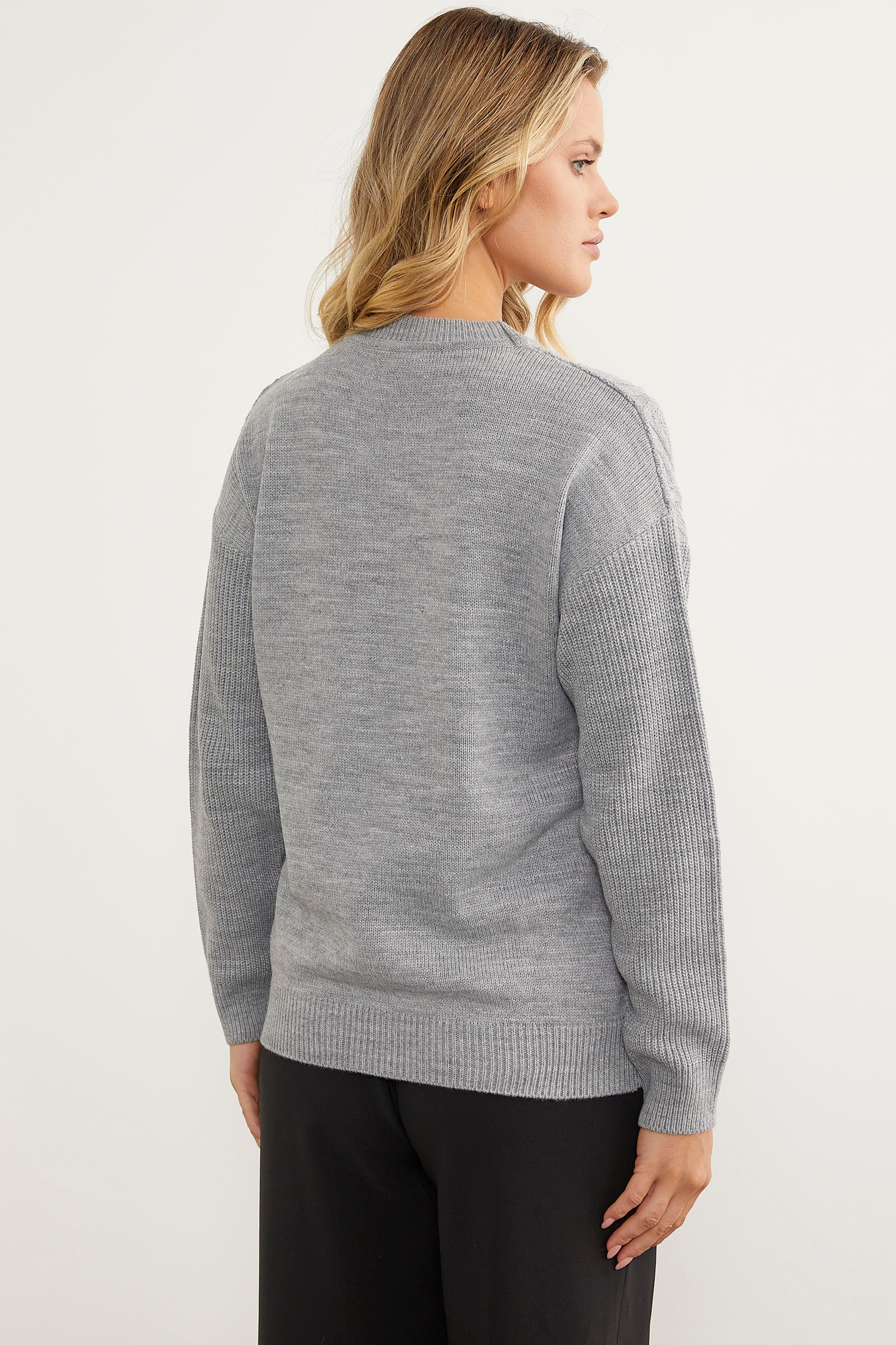 Oversize Kabartma Desenli Triko Kazak - Gri (6) Sementa