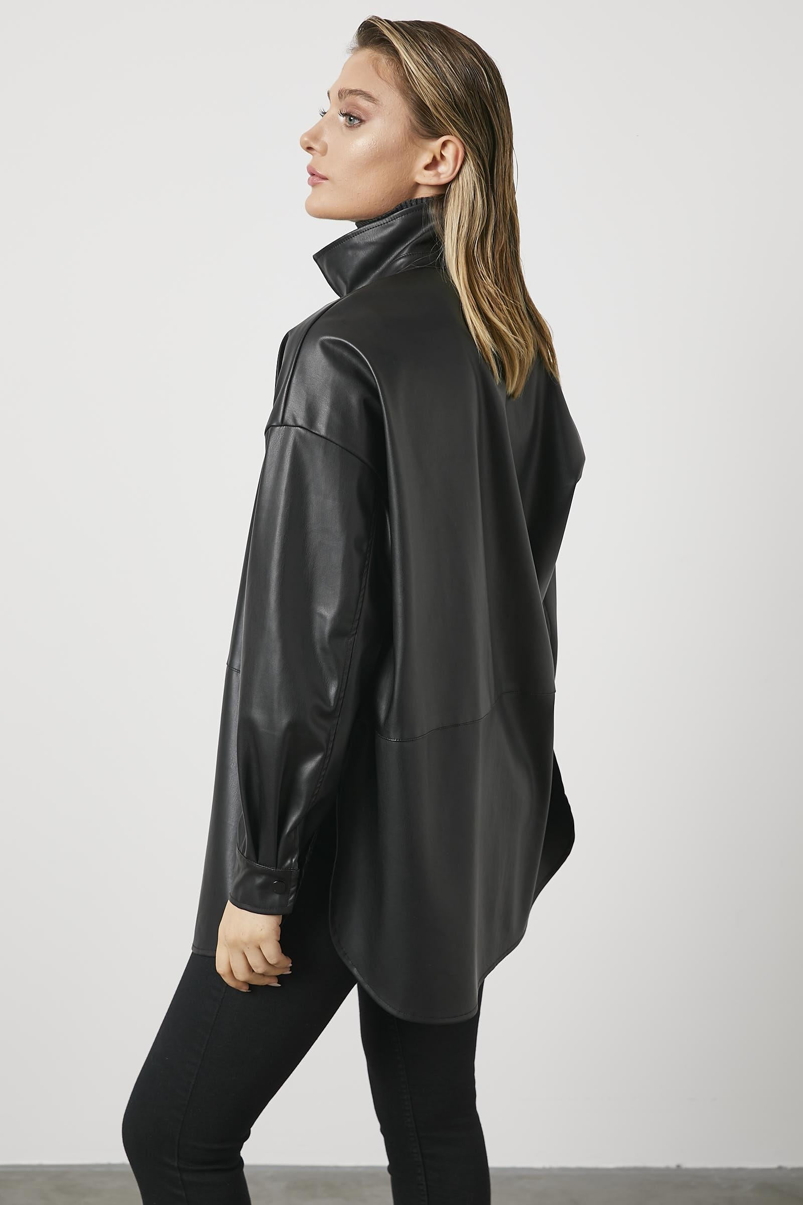 Oversize Suni Deri Gömlek - Siyah (5) Sementa