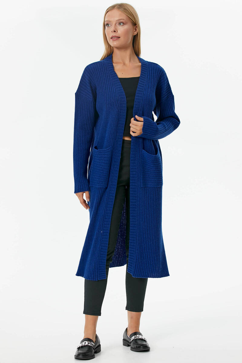 Oversize Uzun Triko Hırka - Saks (3) Sementa