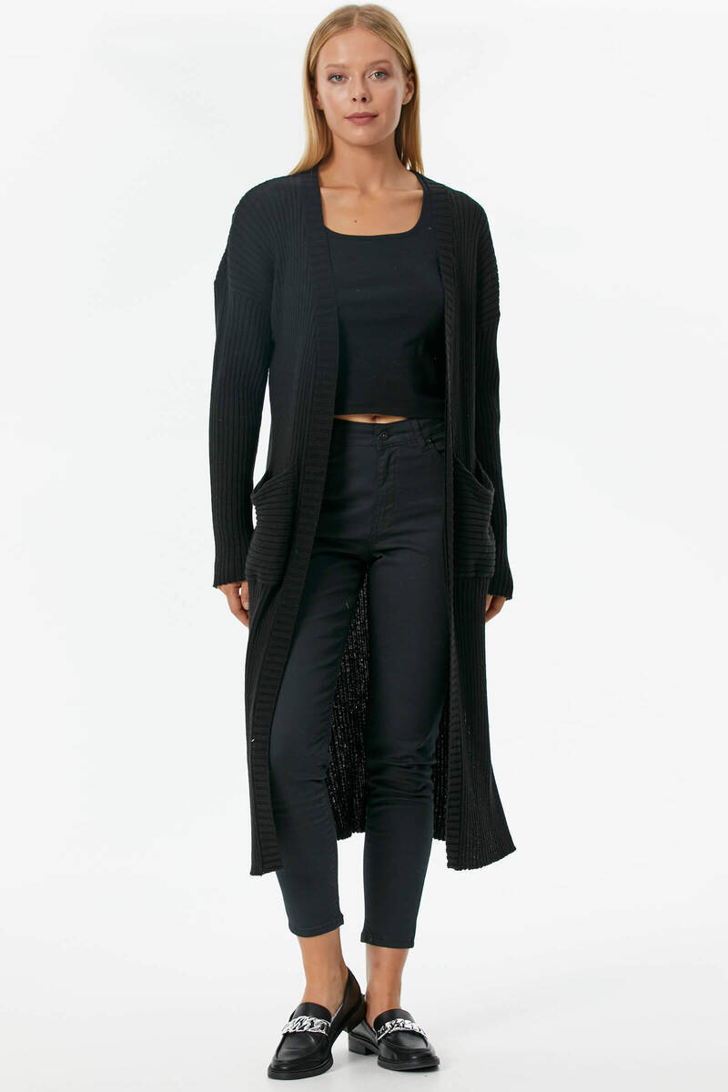 Oversize Uzun Triko Hırka - Siyah (3) Sementa