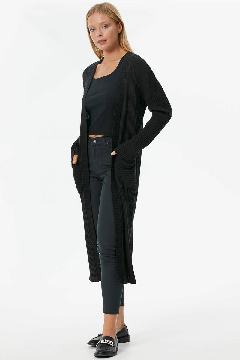 Oversize Uzun Triko Hırka - Siyah (4) Sementa