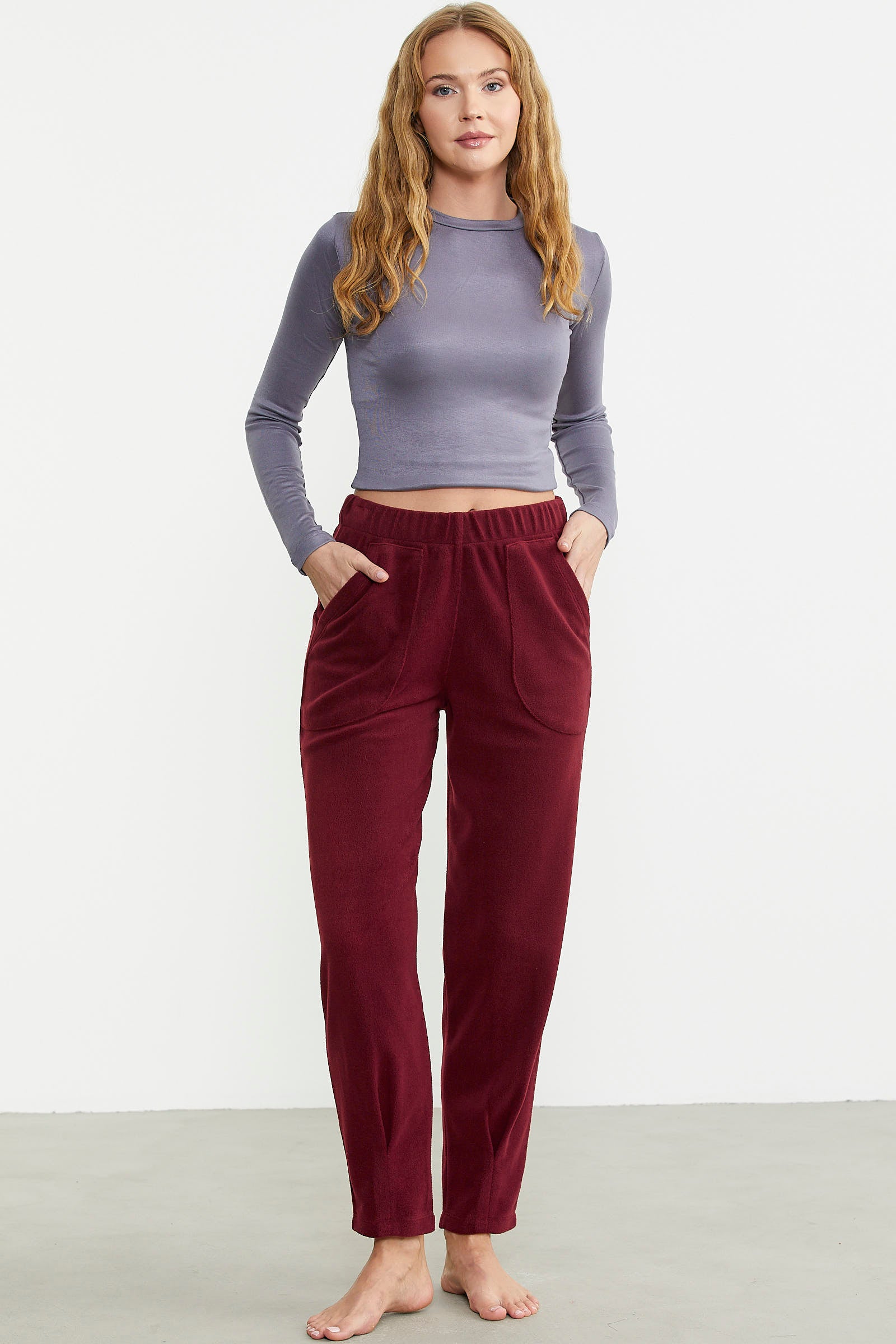 Paça Detaylı Polar Eşofman Altı - Bordo - Sementa