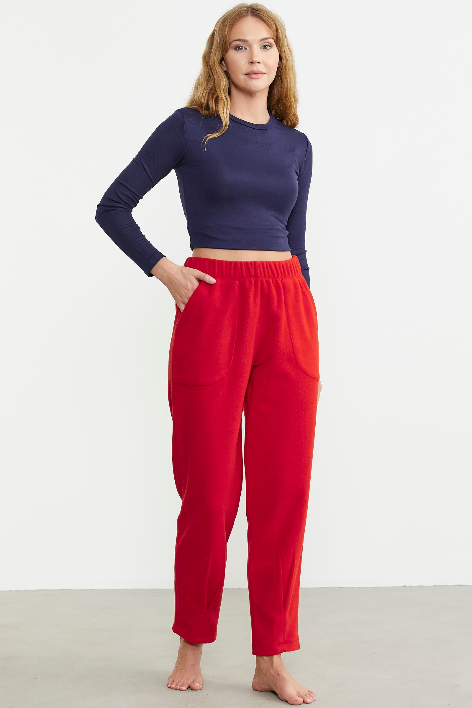 Paça Detaylı Polar Eşofman Altı - Kırmızı - Sementa