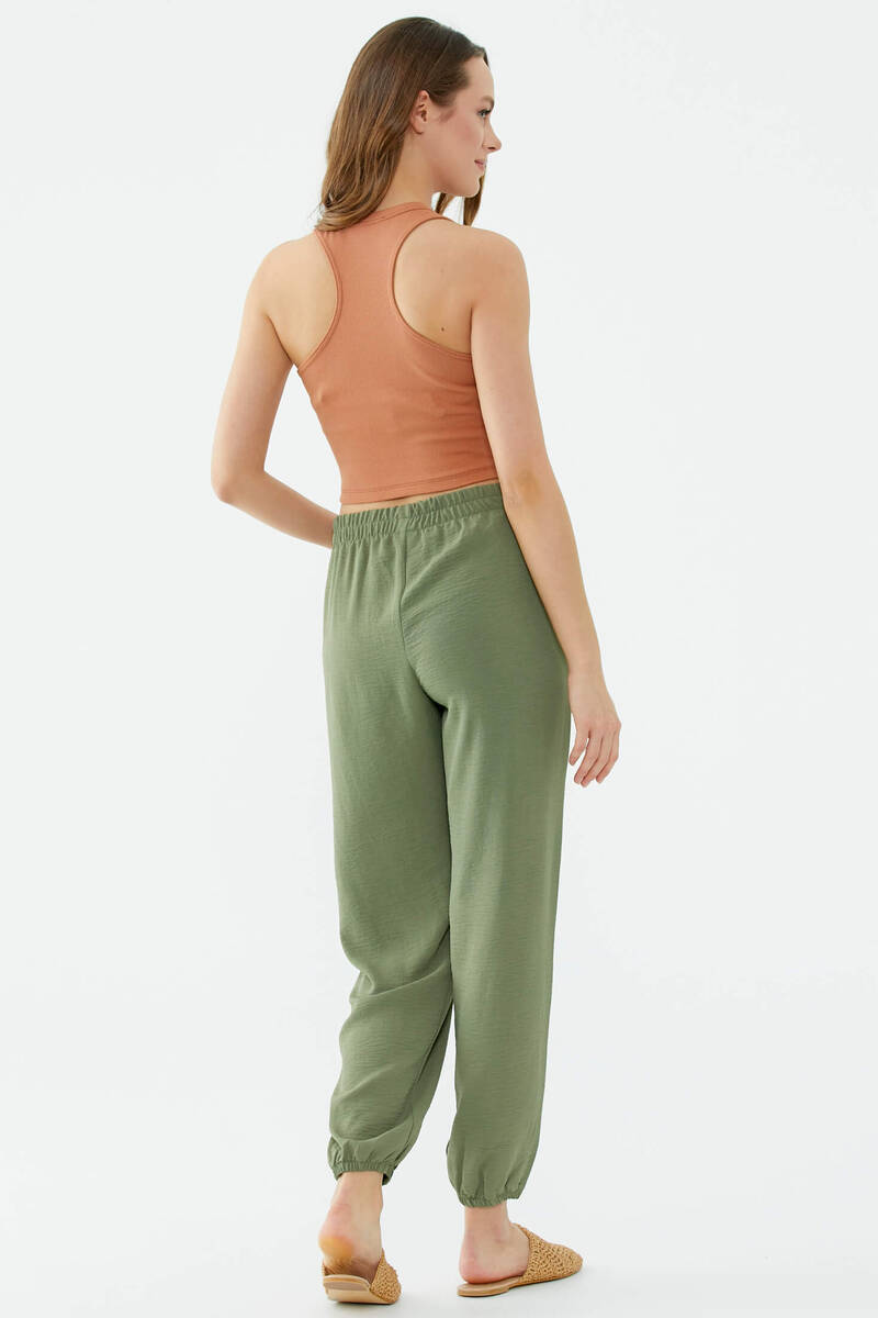 Paçası Lastikli Rahat Kalıp Krep Pantolon - Yeşil (5) Sementa