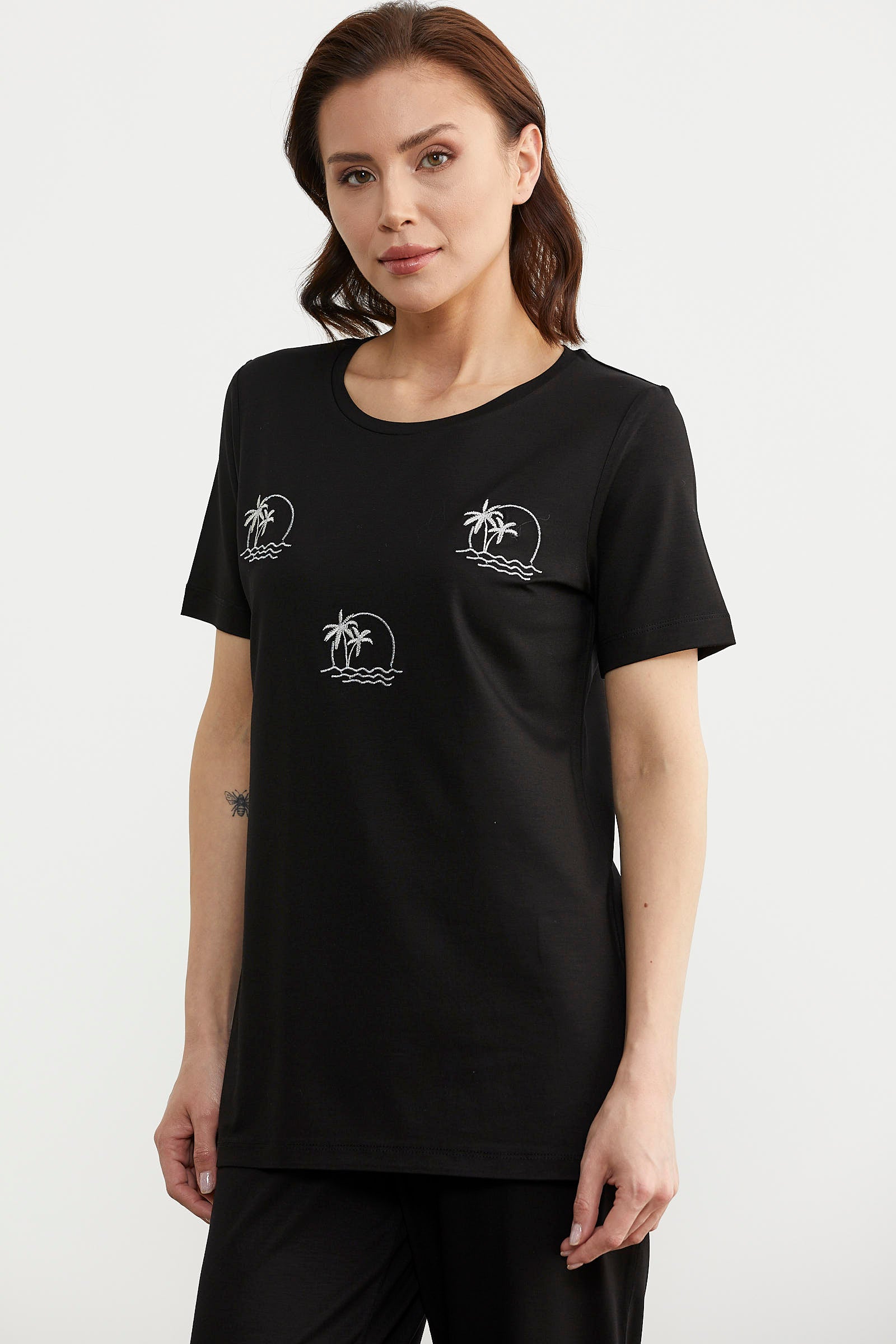 Palmiye Nakışlı Dökümlü Penye Takım - Siyah (4) Sementa