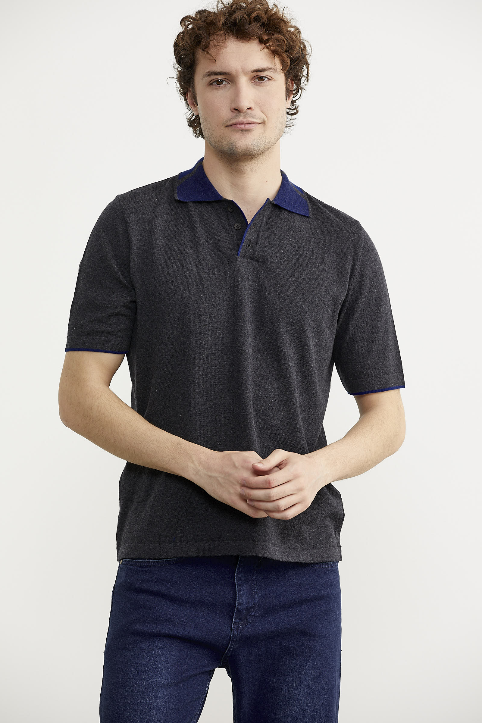 Pamuk Polo Yaka Kısa Kol Triko Tişört - Antrasit (2) Sementa