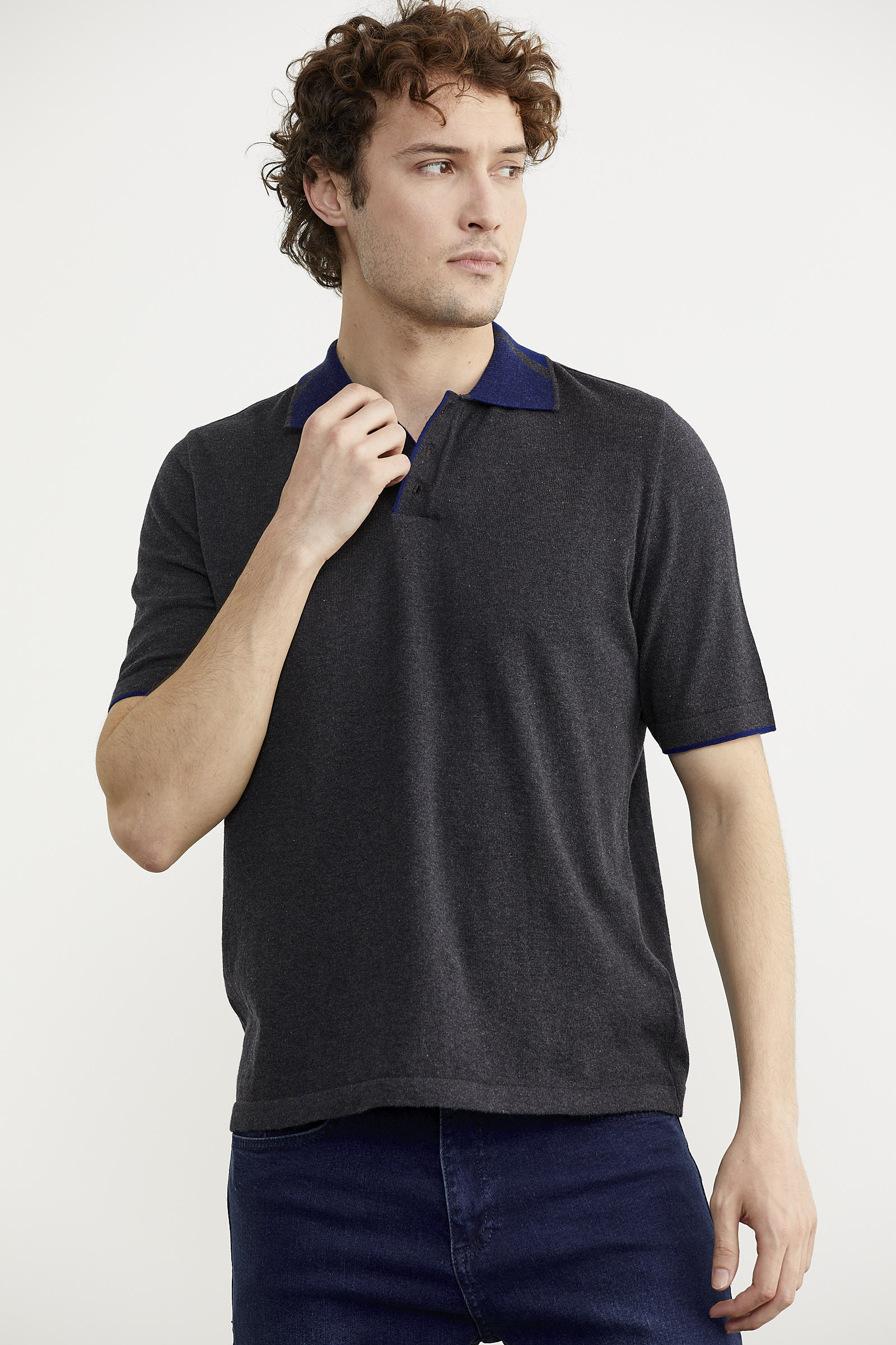 Pamuk Polo Yaka Kısa Kol Triko Tişört - Antrasit (3) Sementa