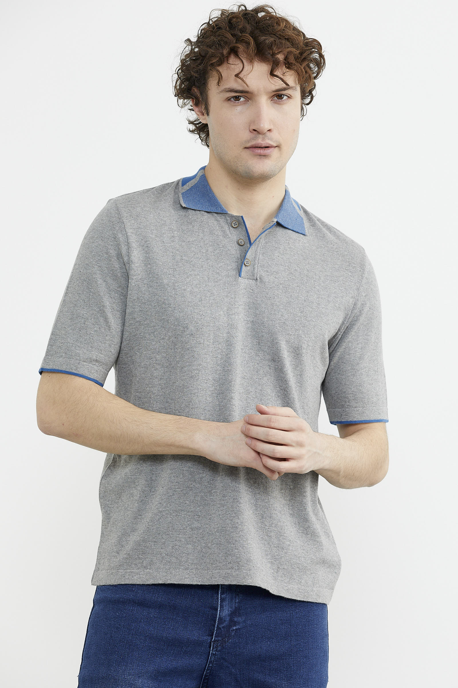 Pamuk Polo Yaka Kısa Kol Triko Tişört - Gri (3) Sementa