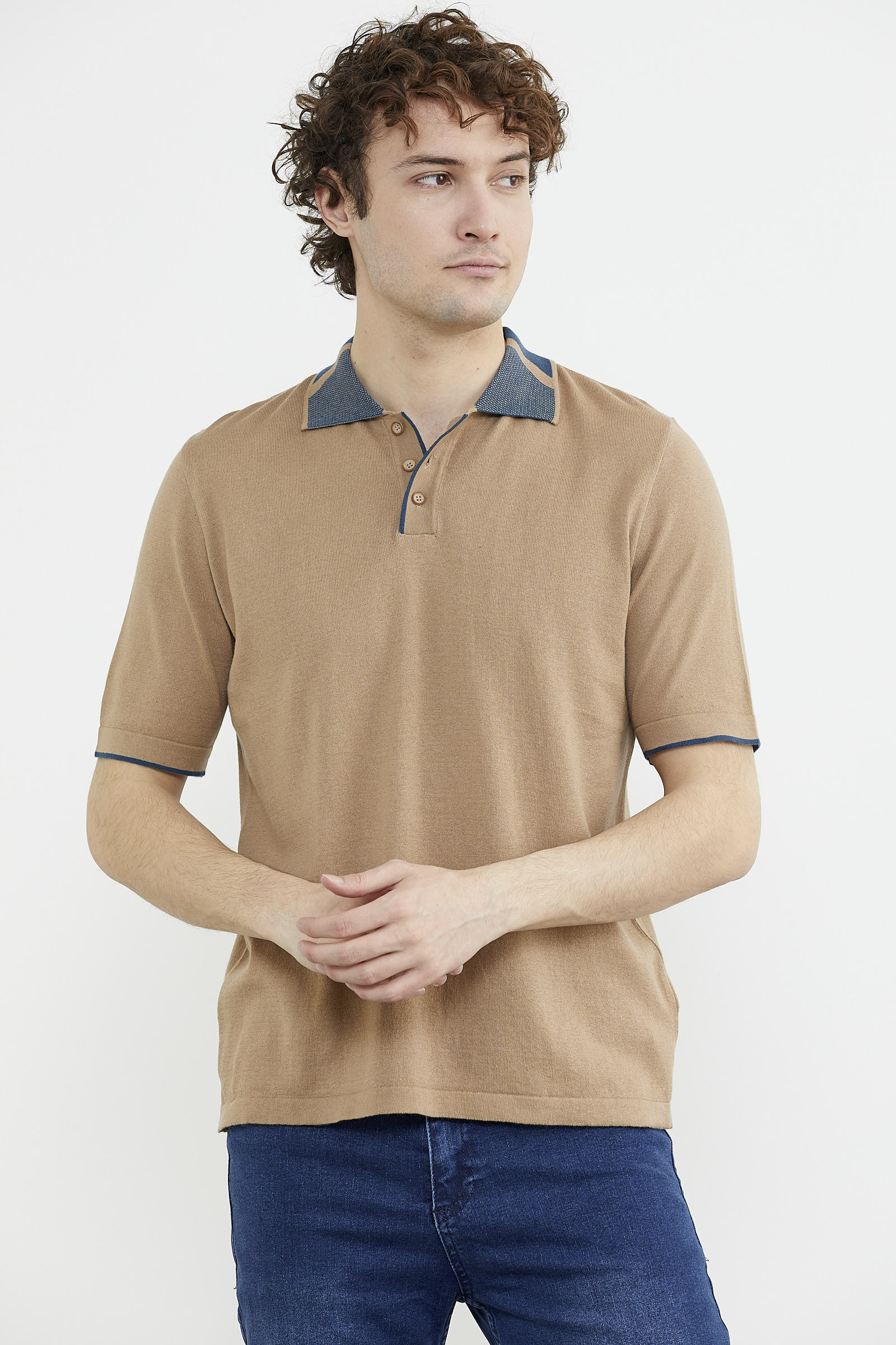 Pamuk Polo Yaka Kısa Kol Triko Tişört - Kamel (2) Sementa