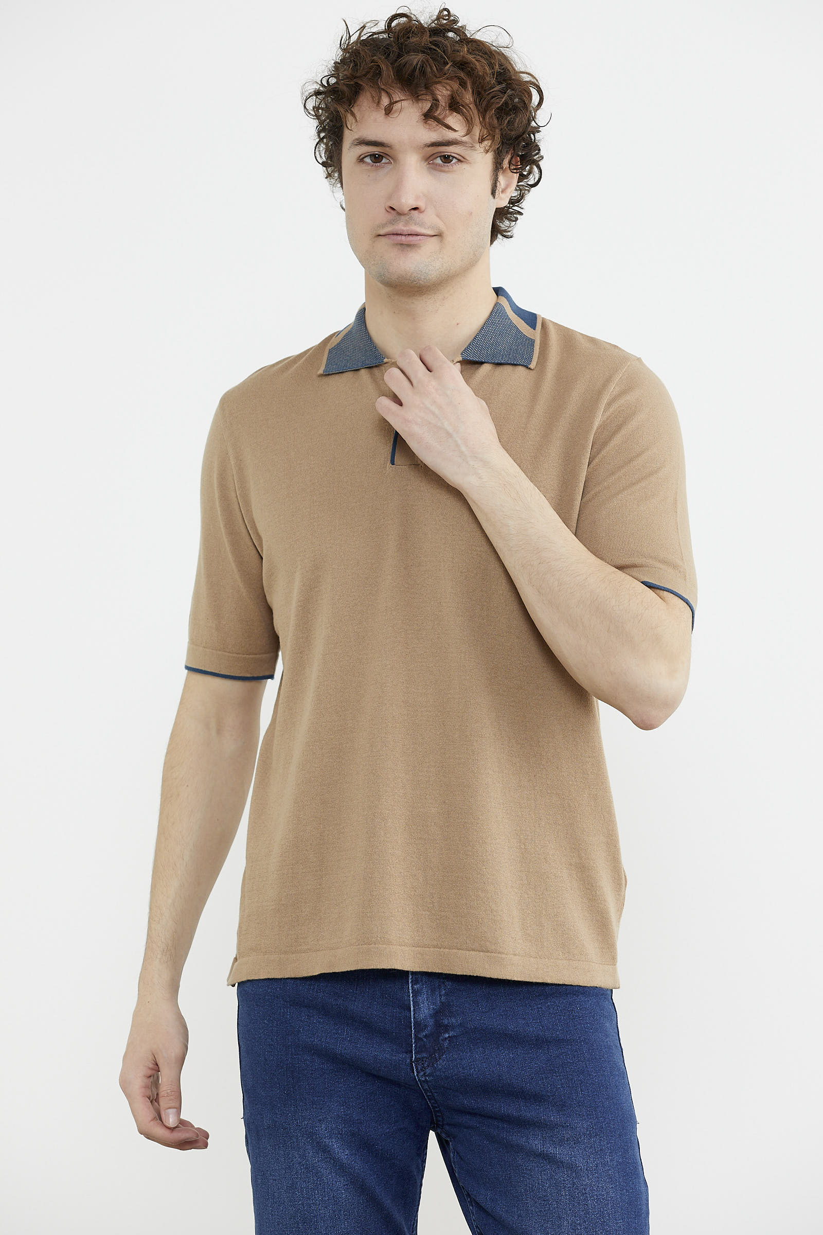 Pamuk Polo Yaka Kısa Kol Triko Tişört - Kamel (3) Sementa