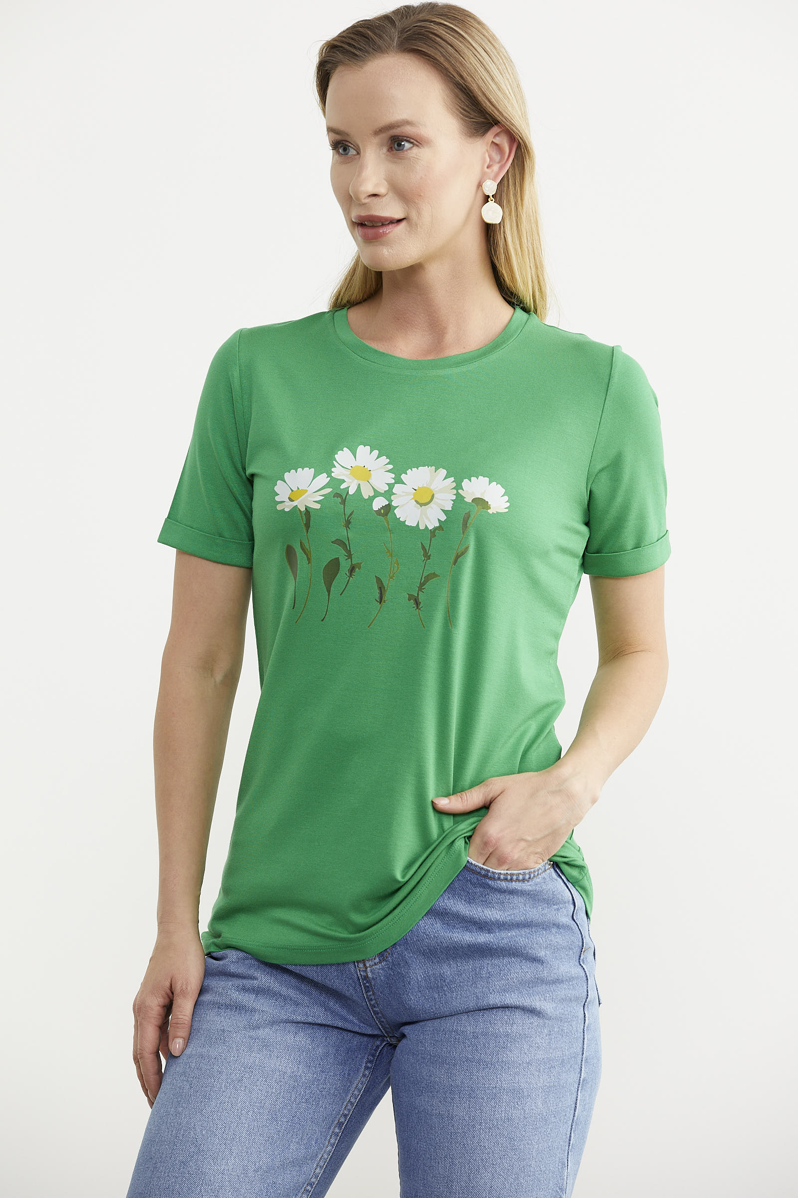 Papatya Baskılı Basic Tişört - Yeşil (2) Sementa