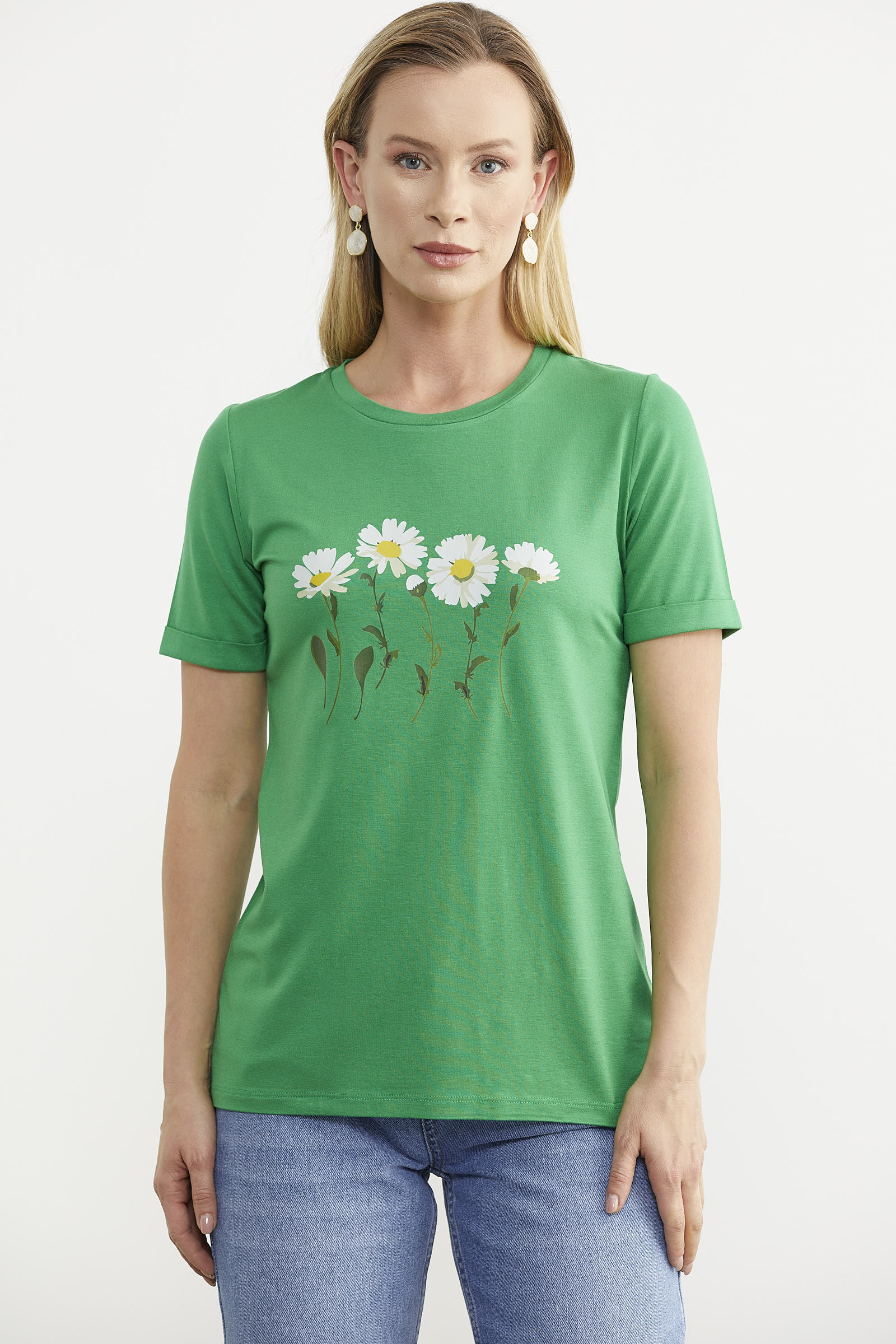 Papatya Baskılı Basic Tişört - Yeşil (3) Sementa