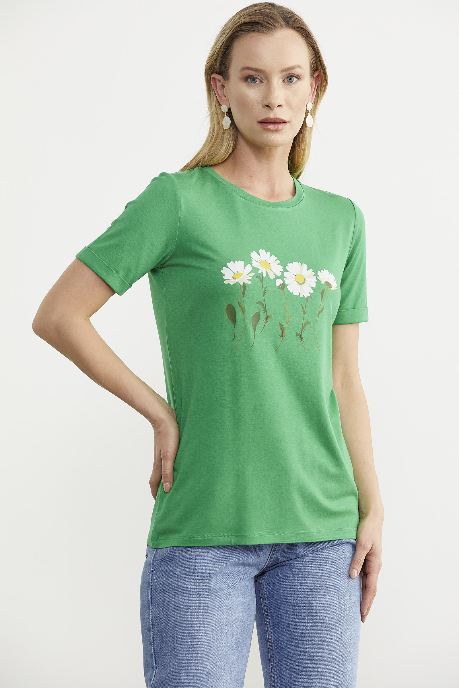 Papatya Baskılı Basic Tişört - Yeşil (4) Sementa