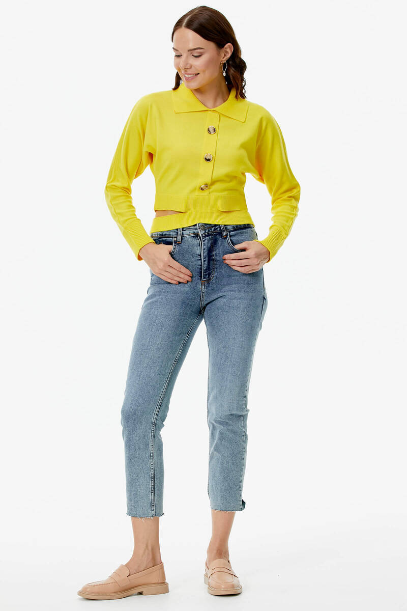Parça Detaylı Polo Yaka Düğmeli Triko Crop - Açık Sarı (3) Sementa