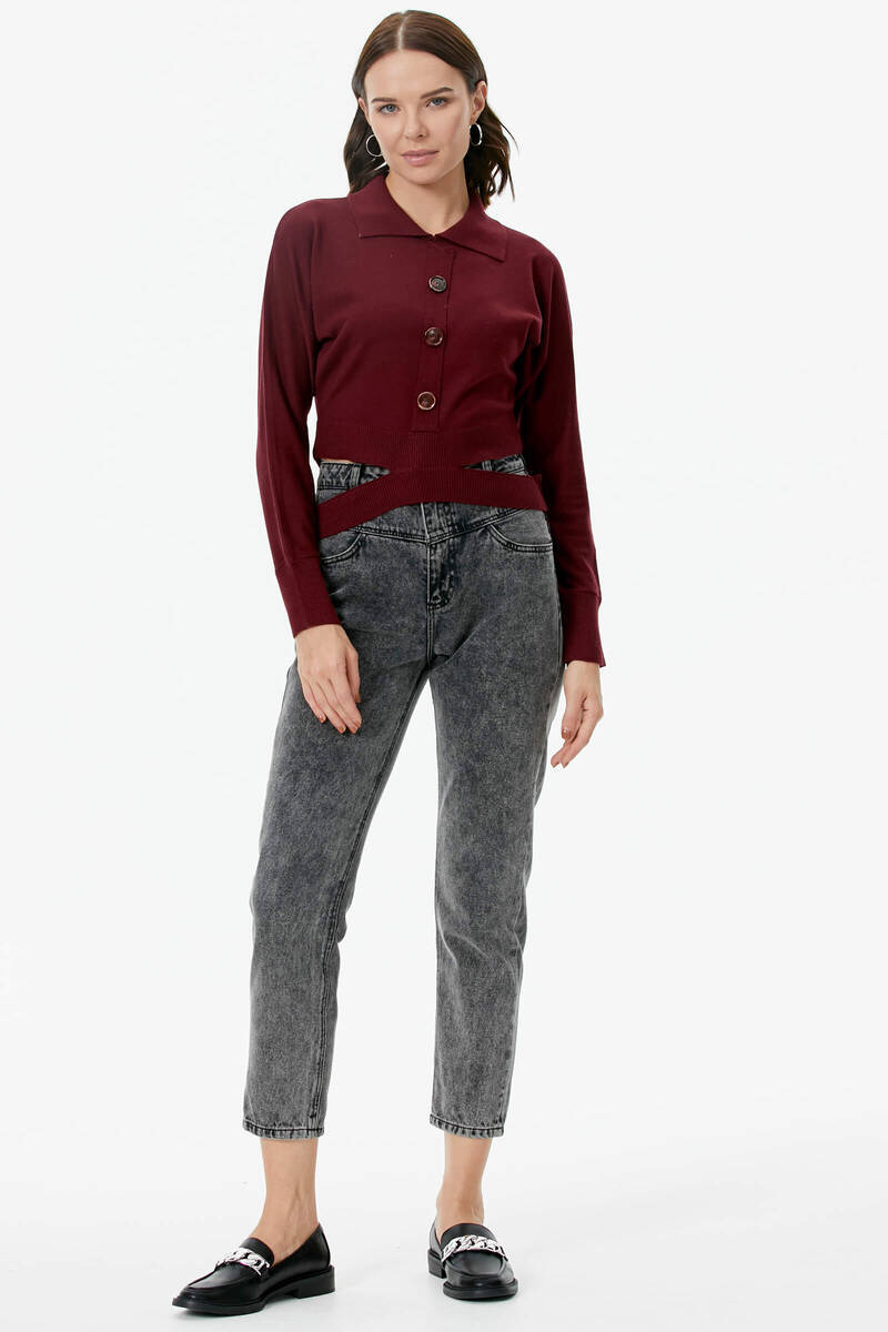 Parça Detaylı Polo Yaka Düğmeli Triko Crop - Bordo (3) Sementa