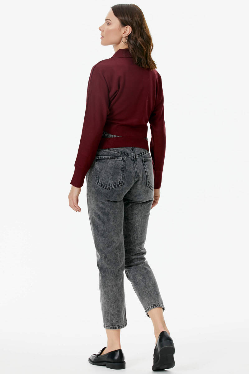 Parça Detaylı Polo Yaka Düğmeli Triko Crop - Bordo (4) Sementa