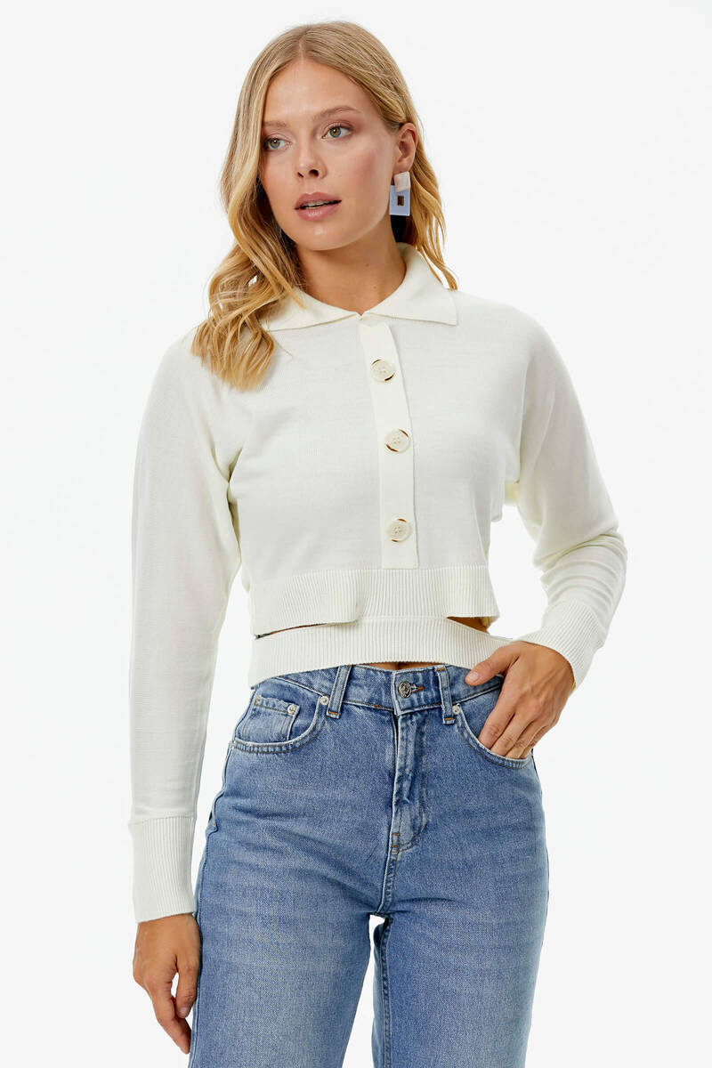 Parça Detaylı Polo Yaka Düğmeli Triko Crop - Kemik (3) Sementa