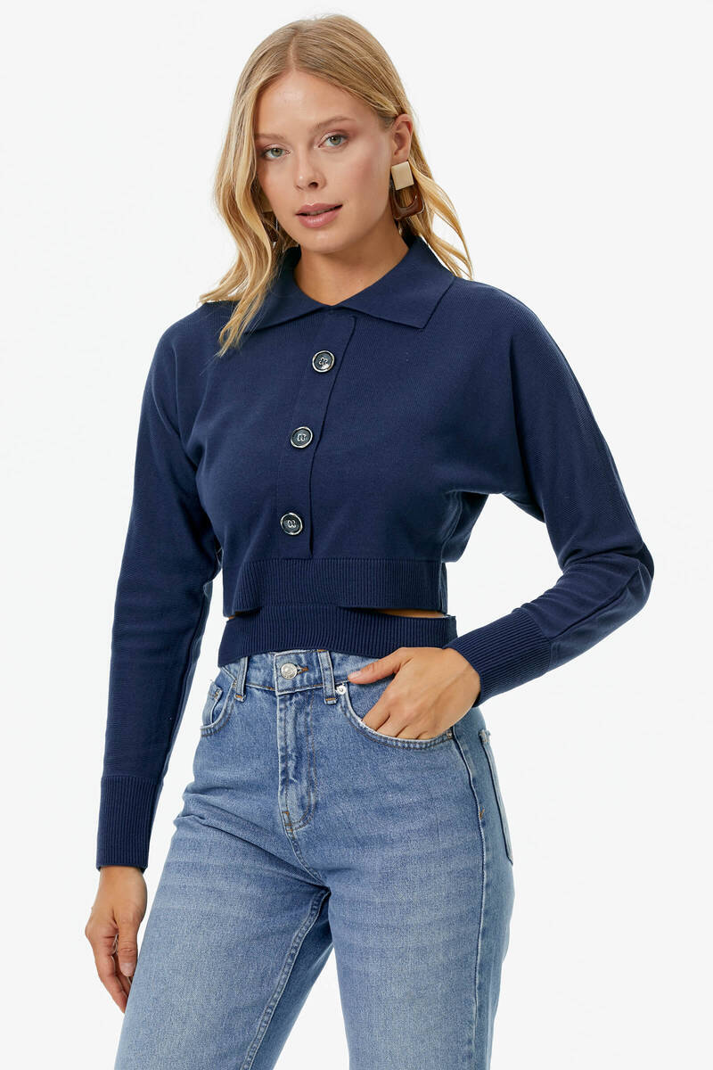 Parça Detaylı Polo Yaka Düğmeli Triko Crop - Lacivert (3) Sementa