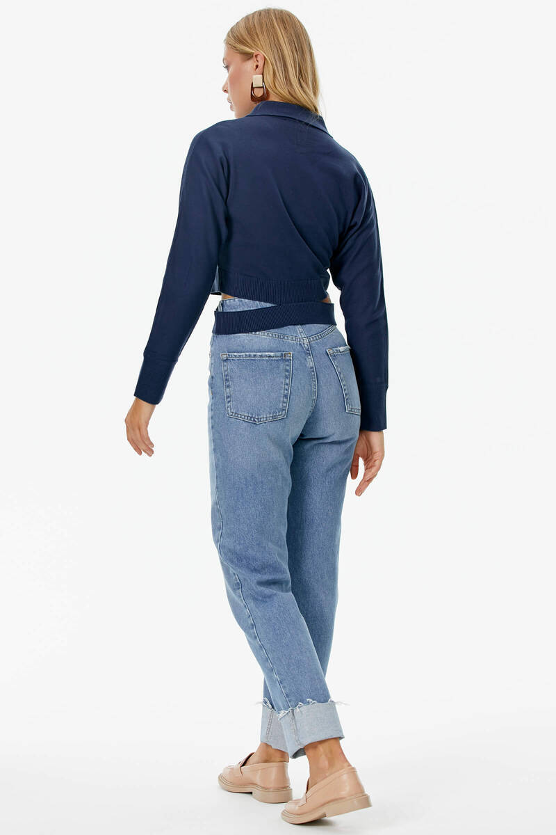 Parça Detaylı Polo Yaka Düğmeli Triko Crop - Lacivert (5) Sementa
