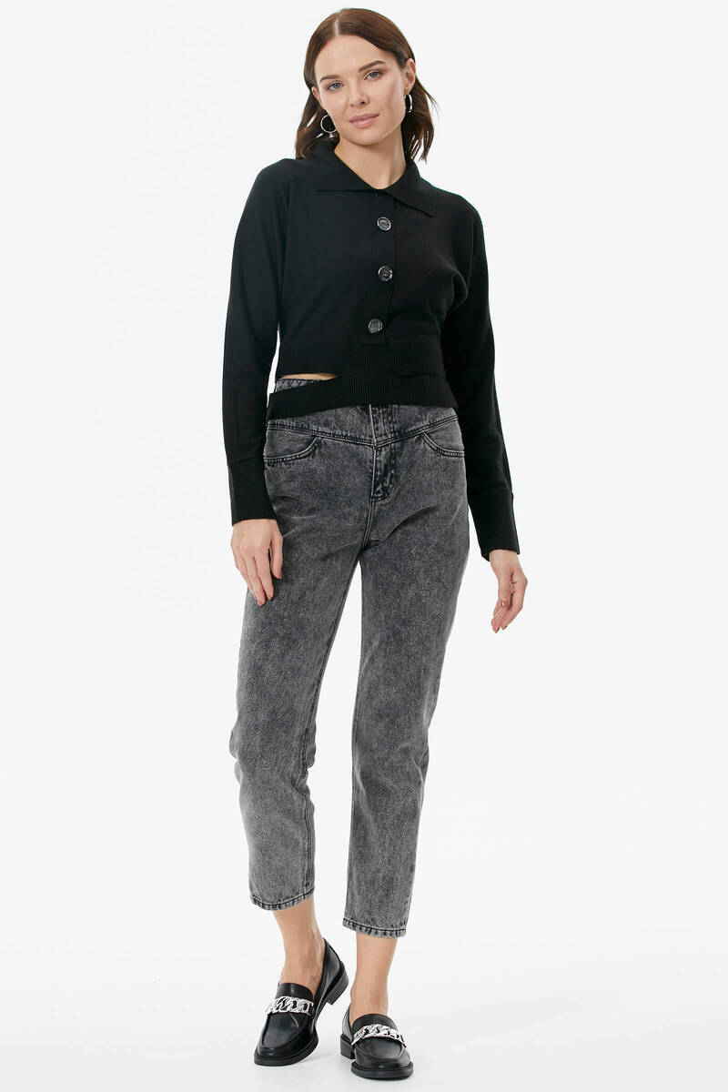 Parça Detaylı Polo Yaka Düğmeli Triko Crop - Siyah (3) Sementa