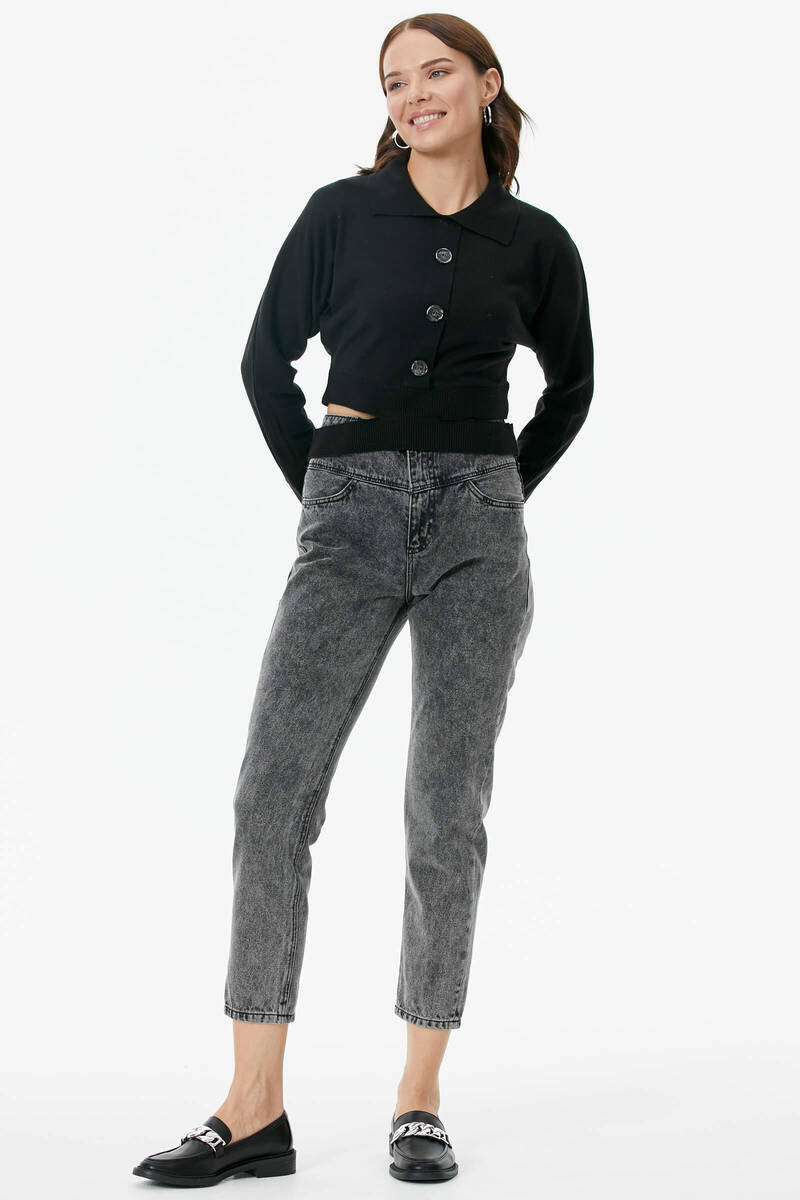 Parça Detaylı Polo Yaka Düğmeli Triko Crop - Siyah (4) Sementa